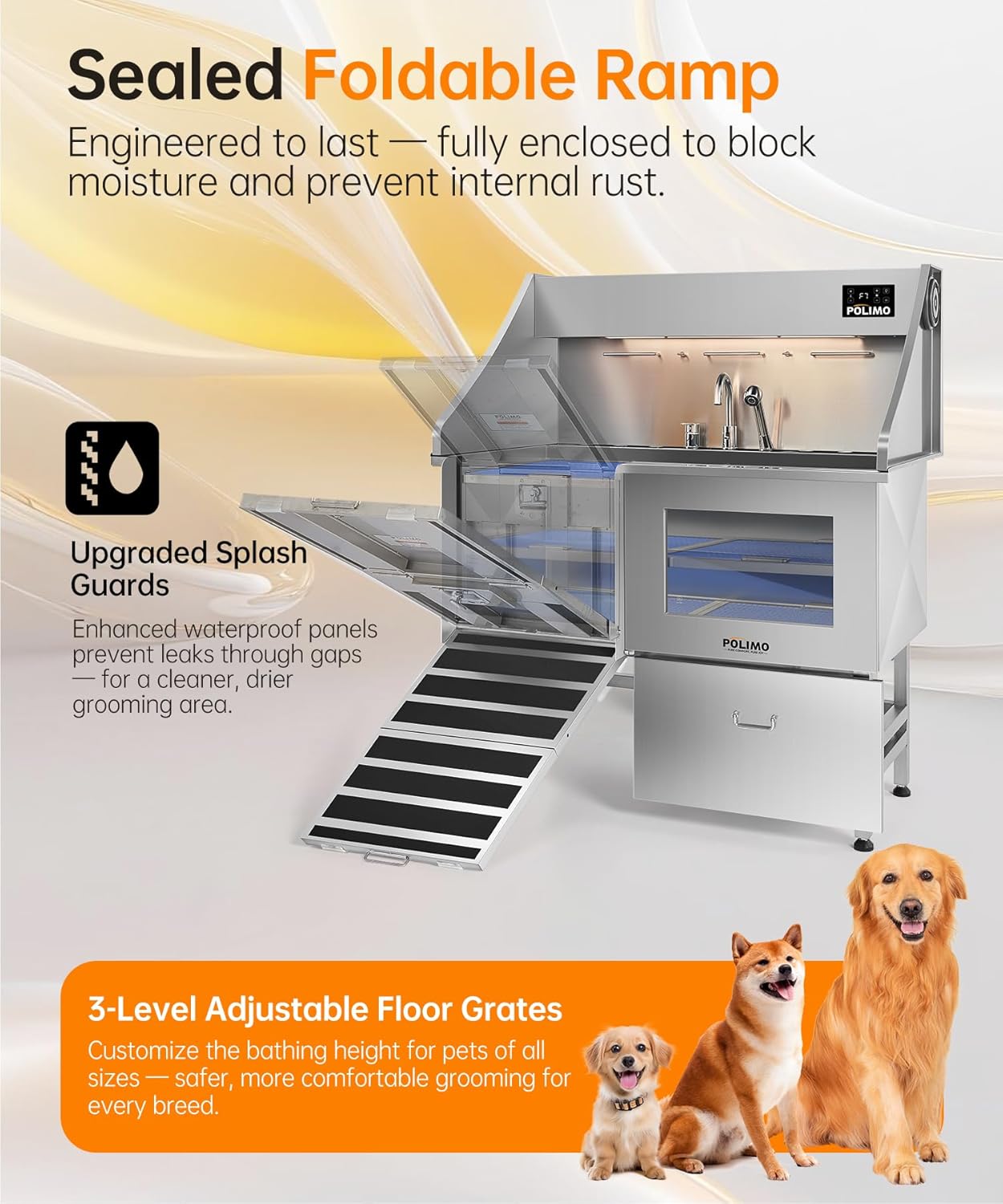 polimo Dog Wash Station with Pet Dryer & LED, Professional Dog Bathing Station for Large, Medium & Small Dogs – with Window, Ramp, Drawer, Floor Grate, LED Display & Faucet (Left RAMP & Dryer, 50")