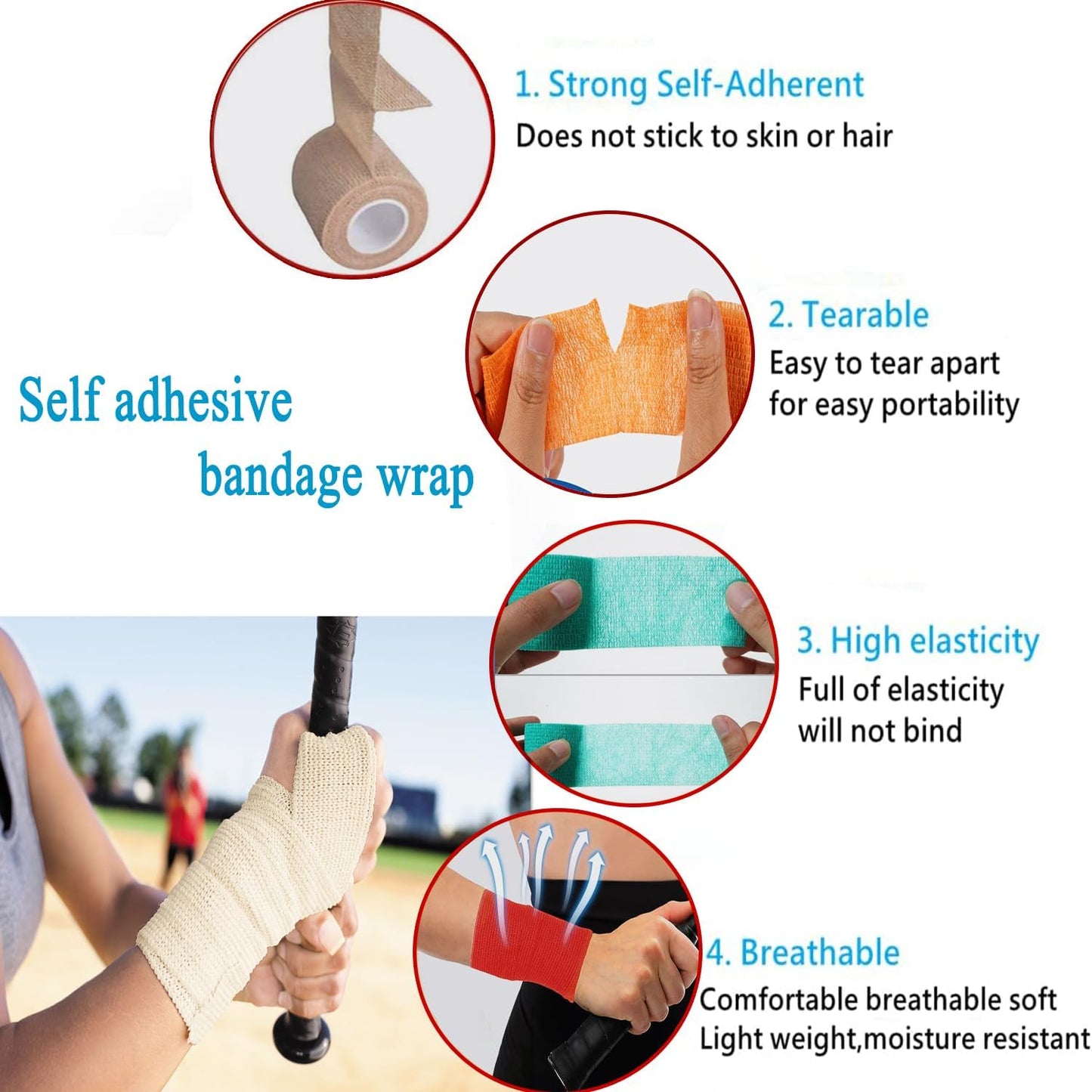 Self Adhesive Bandage Wrap 15Roll,Non-Woven Cohesive Bandage Tape,5CM x 5Yard Vet Wrap Tape for Wrist & Ankle Grip Cover,Elastic Athletic Tape-15color