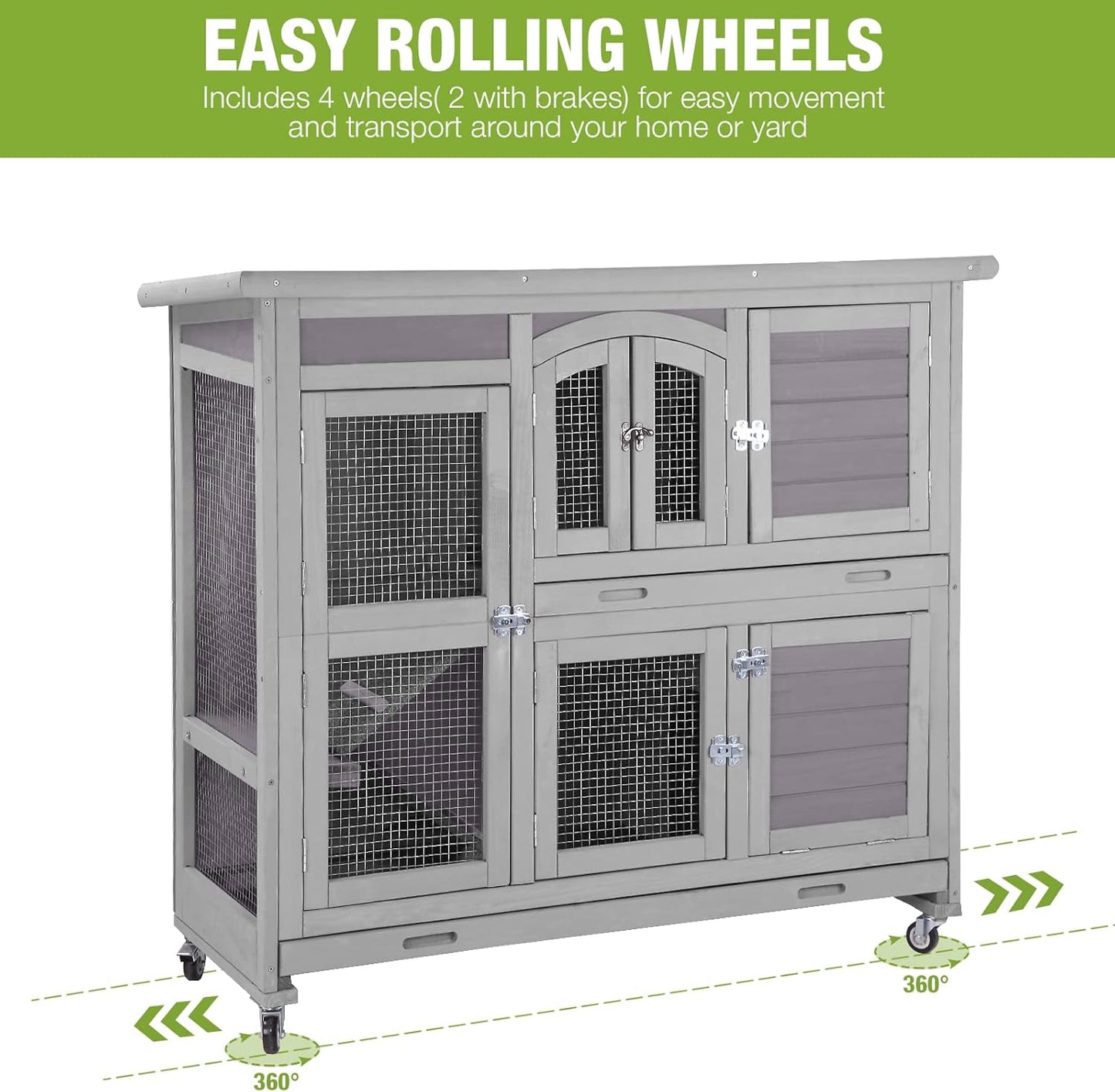 GUTINNEEN Rabbit Hutch Indoor Outdoor Bunny House Guinea Pig Cage on Wheel with Plastic Tray 47inch