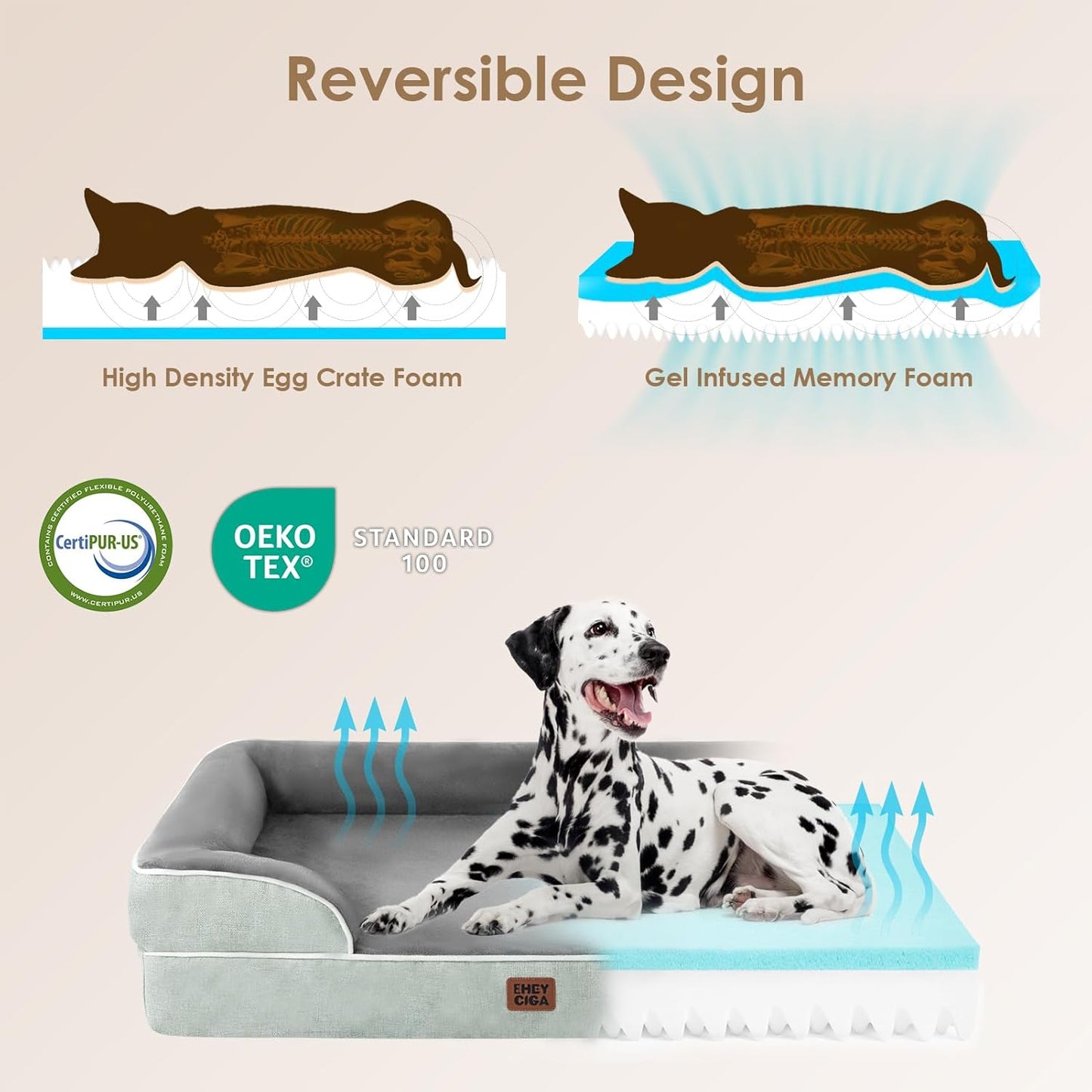 EHEYCIGA Orthopedic Dog Beds for Extra Large Dogs, Waterproof Memory Foam XL Dog Bed with Sides, Non-Slip Bottom and Egg-Crate Foam Big Pet Couch Bed with Washable Removable Cover, Greyish Green