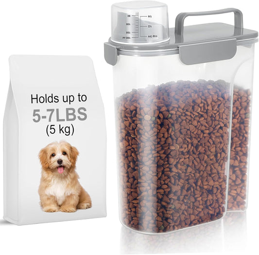 5-7Lbs Dog Cat Food Storage Container with Upgraded Large Nozzle BPA-free, 4 Snap Seals Plastic Pet Food Storage Containers with Handles (1, Light Gray, 5L)