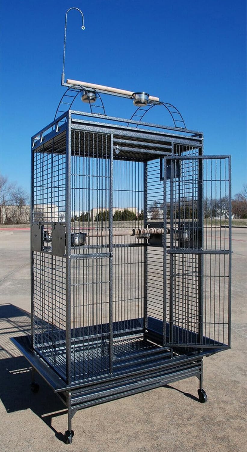 Extra Large 28" x 22" x 65"H Double Ladders Open Play Top Wrought Iron Bird Parrot Parttot Finch Macaw Cockatoo Cage, Include Seed Guard and Toy Hook