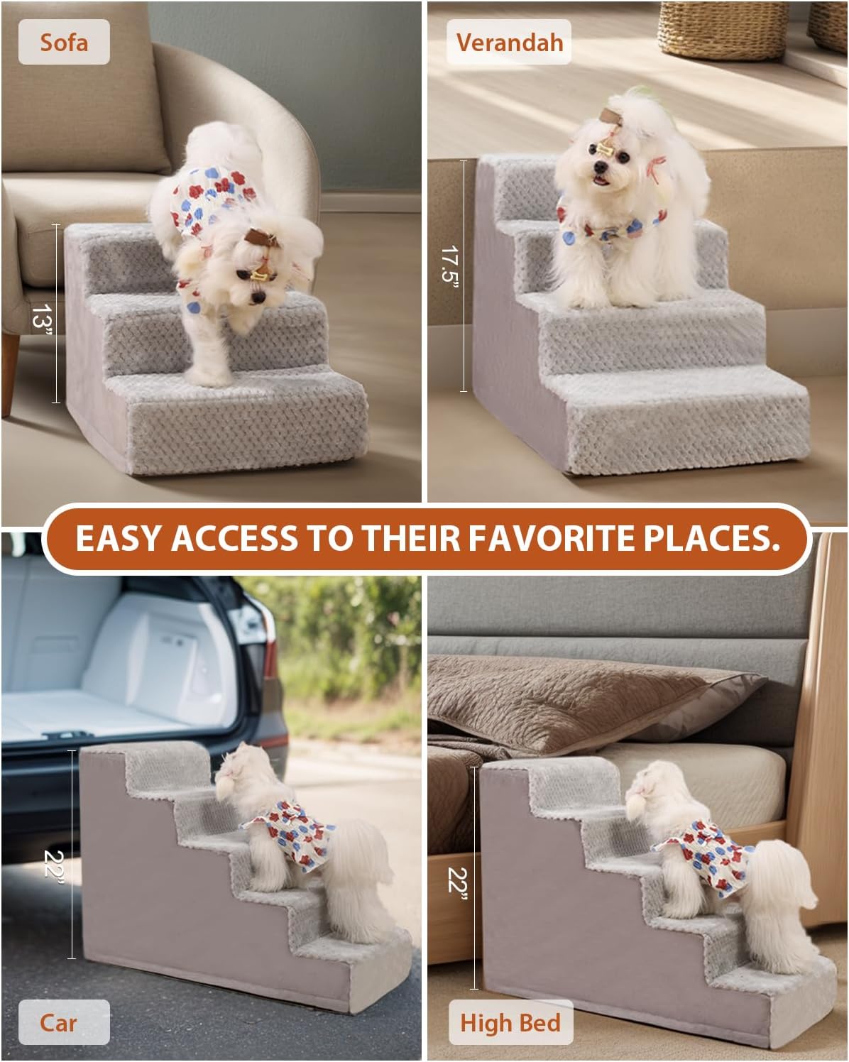 Dog Stairs for Small Dogs,13" H,3-Step Dog Steps for High Bed,Couch,Pet Stairs for Dogs and Cats Climbing with Non-Slip Bottom and Washable Cover,Light Grey