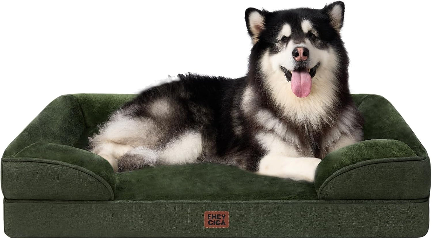 EHEYCIGA Orthopedic XL Dog Beds, Waterproof Memory Foam Dog Bed for Extra Large Dogs, Non-Slip Bottom and Egg-Crate Foam Big Pet Couch Bed with Washable Removable Cover, Dark Green
