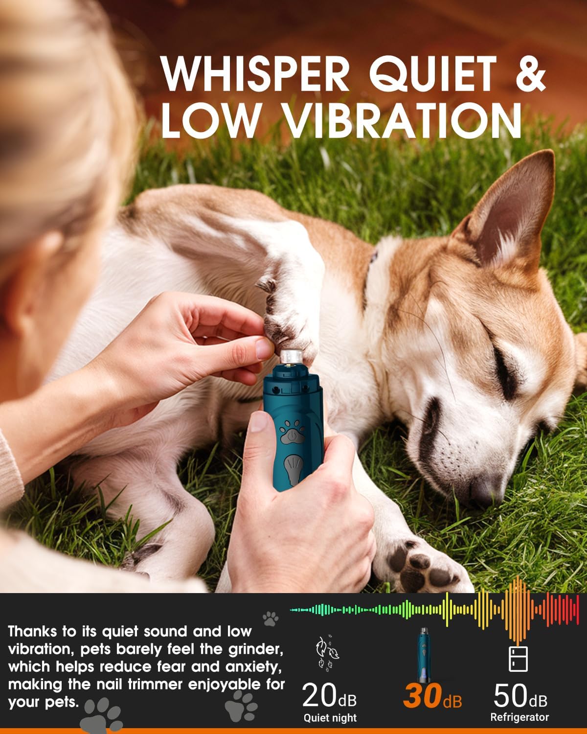 Dog Nail Trimmers and Dog Nail Clippers Kit, Whisper Quiet Electric Grinder with Light, for Small, Medium, Large Dogs, Cats Toenail Grooming, 3 Speeds
