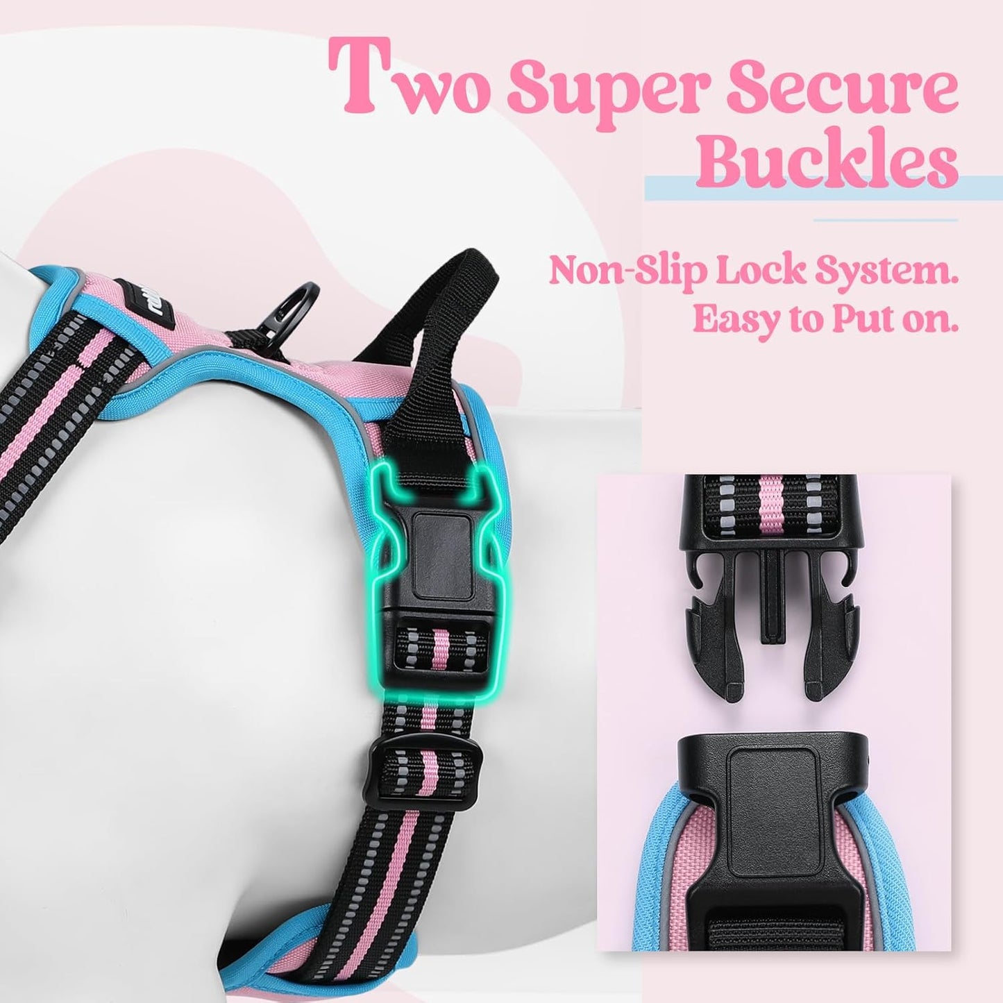 rabbitgoo Dog Harness No Pull with 2 Leash Clips, Adjustable Soft Padded, Reflective Oxford No Choke Pet Vest with Easy Control Handle for Small Dogs, Pink & Blue, S