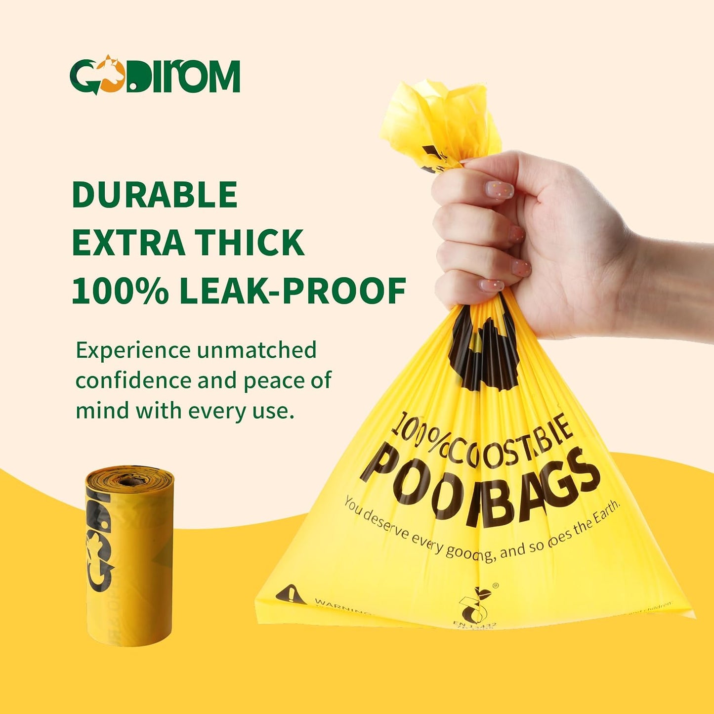 Certified 100% Compostable Poop Bags for Dogs, 120 Count Guaranteed Leak Proof and 18 Microns Extra Thick Dog Waste Bag, 18 Rolls of Plant Based Doggie Poop Bag, No Scented with ASTM D6400 & EN13432