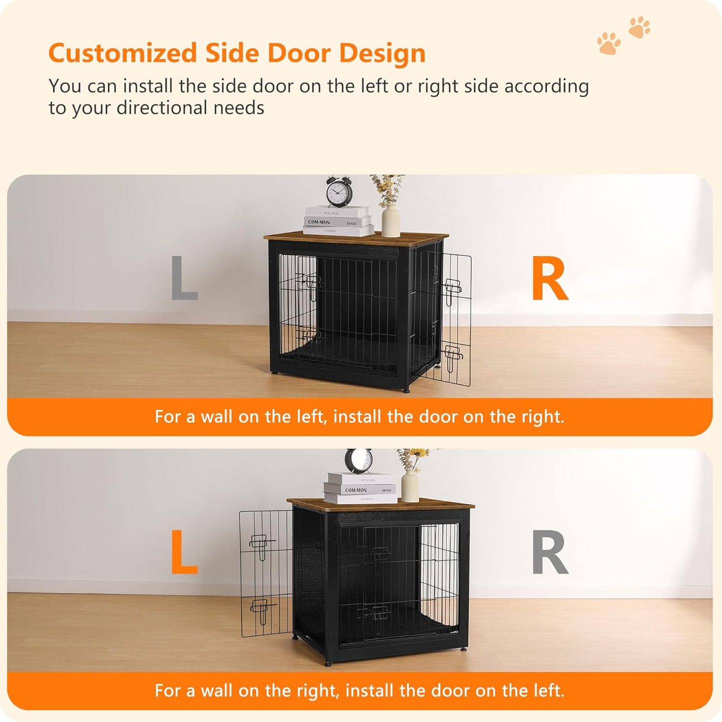 DWANTON Dog Crate Furniture with Cushion, Wooden Kennel Table with Double Doors, Indoor Dog House, Small/Medium/Large Size, 27.2" L, Black+Warm Brown