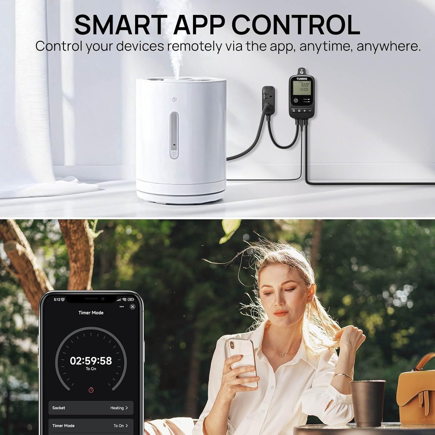 TURBRO Smart Temperature Controller Heating Cooling, WiFi-Enabled Thermostat with Timer and Temperature Monitoring for Home Brewing, Seedling, Greenhouse, and Reptile Terrarium, TC01