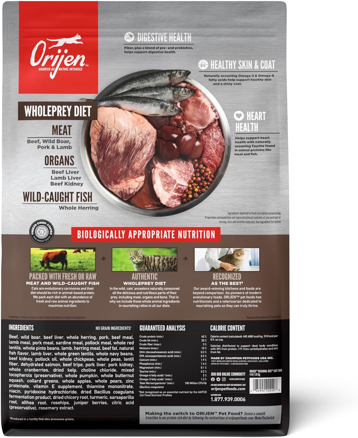 ORIJEN Grain Free High Protein Premium Dry Cat Food Regional Red Recipe 12lb Bag