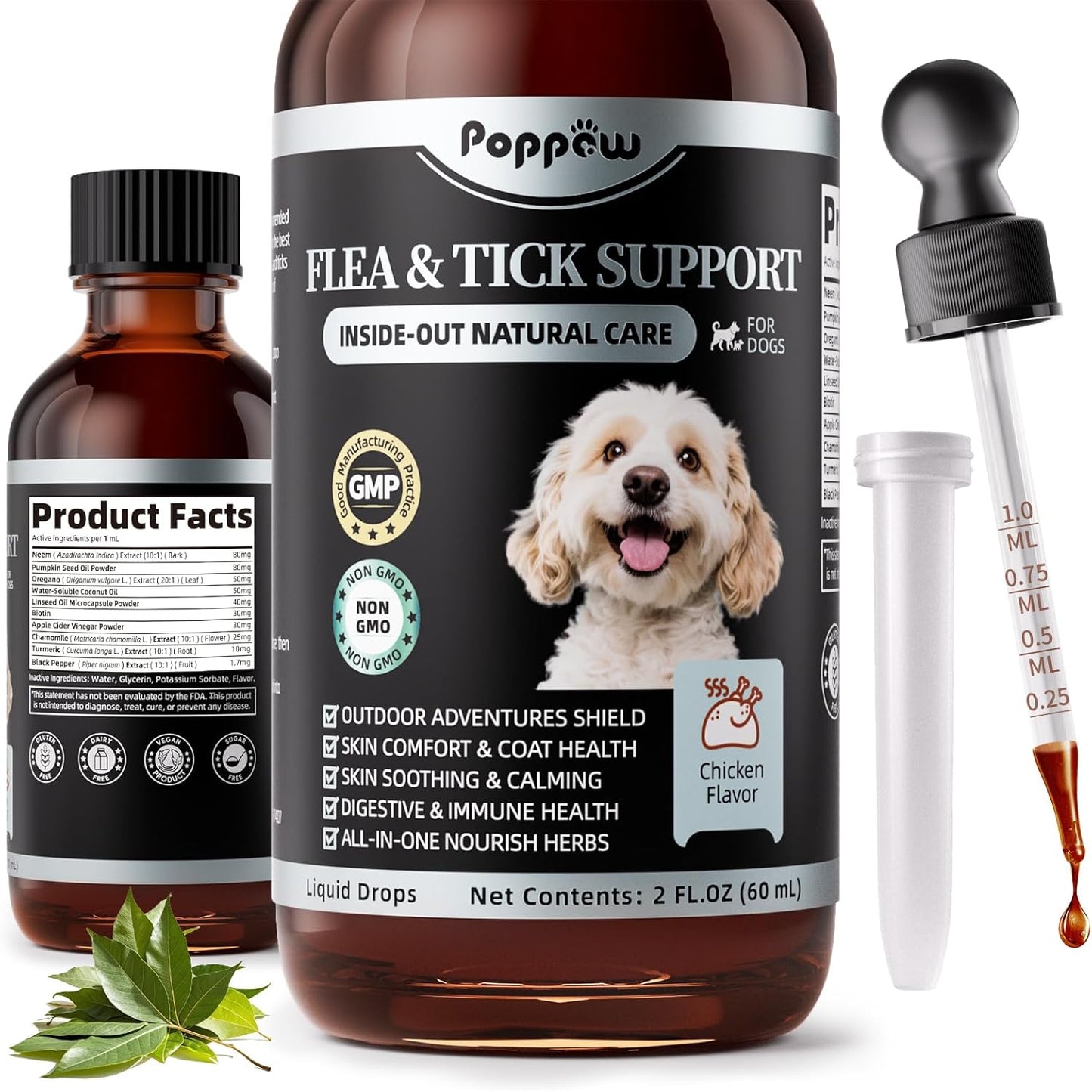 Flea & Tick Drops for Dogs – Natural Prevention with Neem, Oregano – Oral Flea &Tick Support, Long-Lasting Liquid Treatment with Skin Care for Puppy All Breeds & Sizes, Chicken Flavor, 2 FL Oz