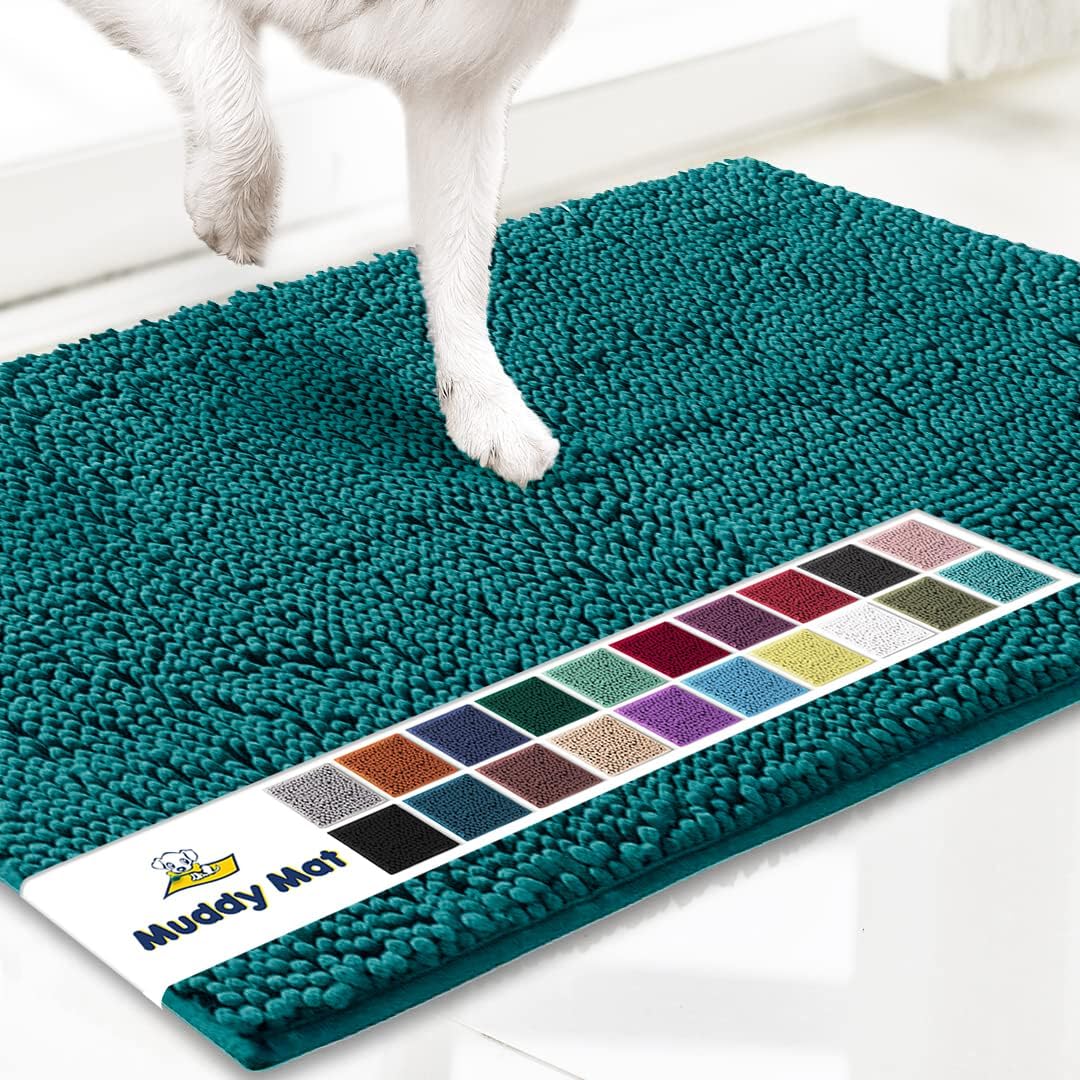 Muddy Mat® Original Dog Door Mat for Muddy Paws, Super Absorbent Microfiber, Non-Slip Washable Pet Rug, Quick Dry Chenille Entryway Carpet, Machine Washable Indoor Outdoor mat, Teal 19"x30"