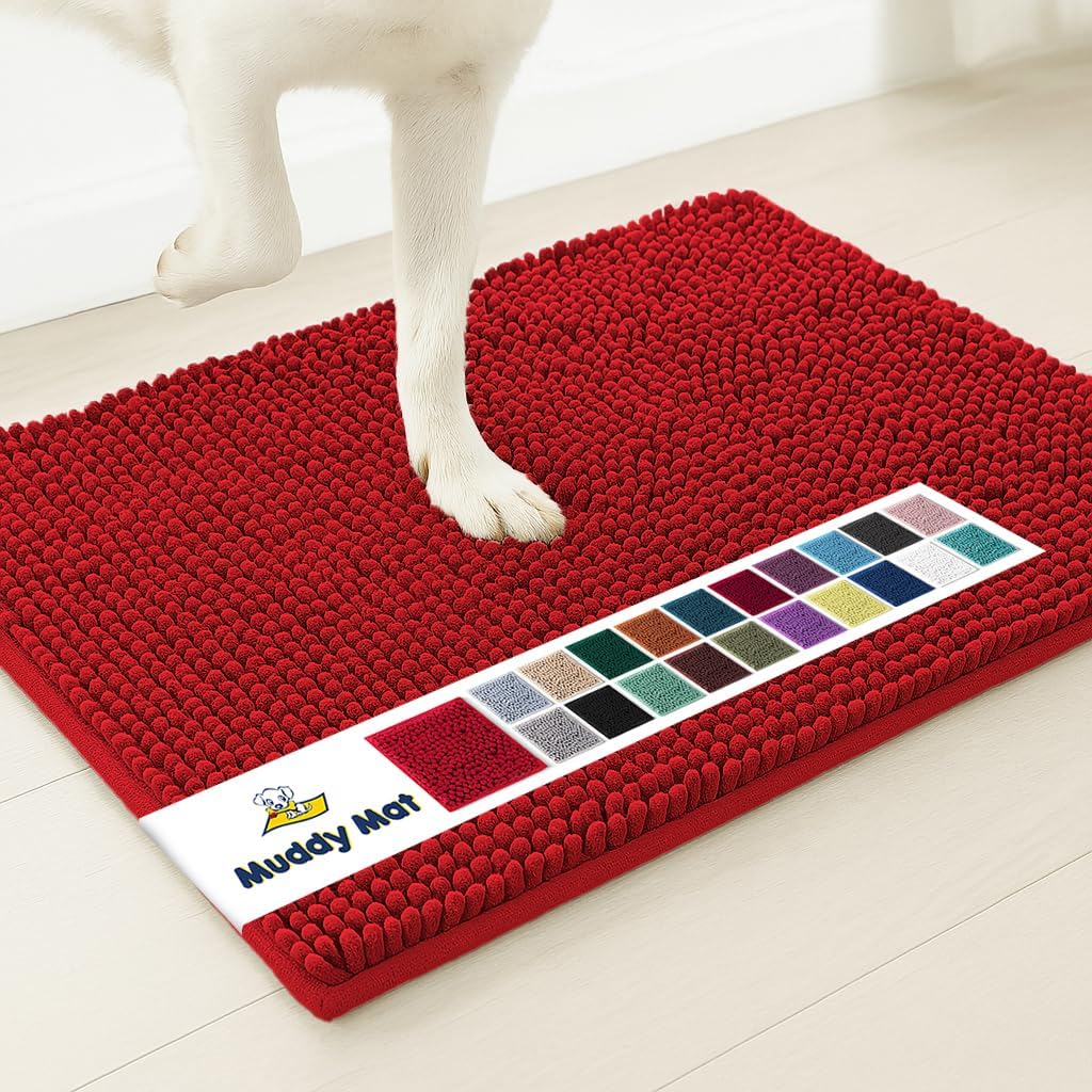 Muddy Mat® AS-SEEN-ON-TV Highly Absorbent Microfiber Door Mat and Pet Rug, Non Slip Thick Washable Area and Bath Mat Soft Chenille for Kitchen Bathroom Bedroom Indoor and Outdoor - Red 36" x 120"