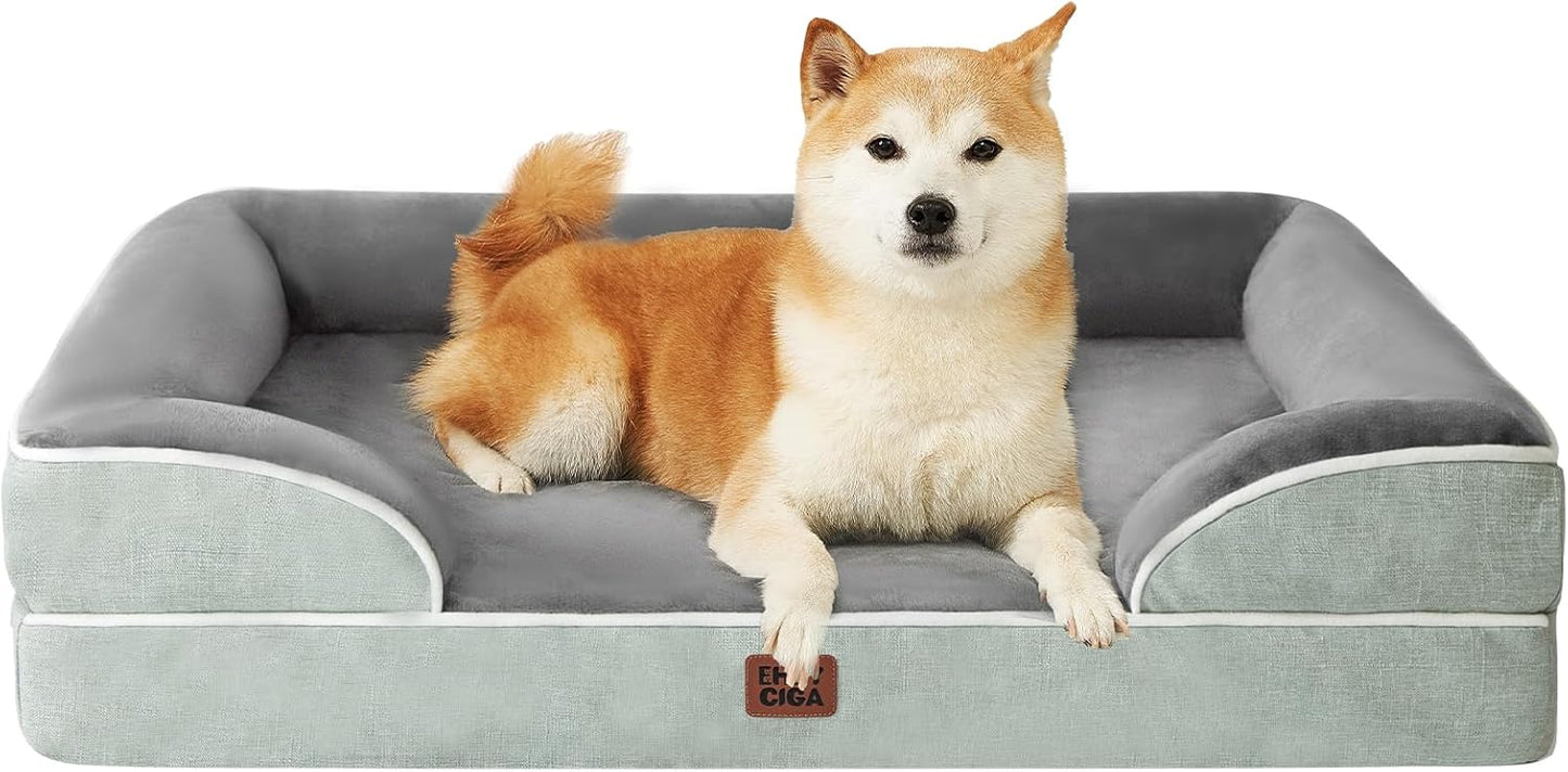 EHEYCIGA Orthopedic Dog Beds for Large Dogs, Waterproof Memory Foam Large Pet Bed with Sides, Non-Slip Bottom and Egg-Crate Foam Dog Couch Bed with Washable Removable Cover, Greyish Green