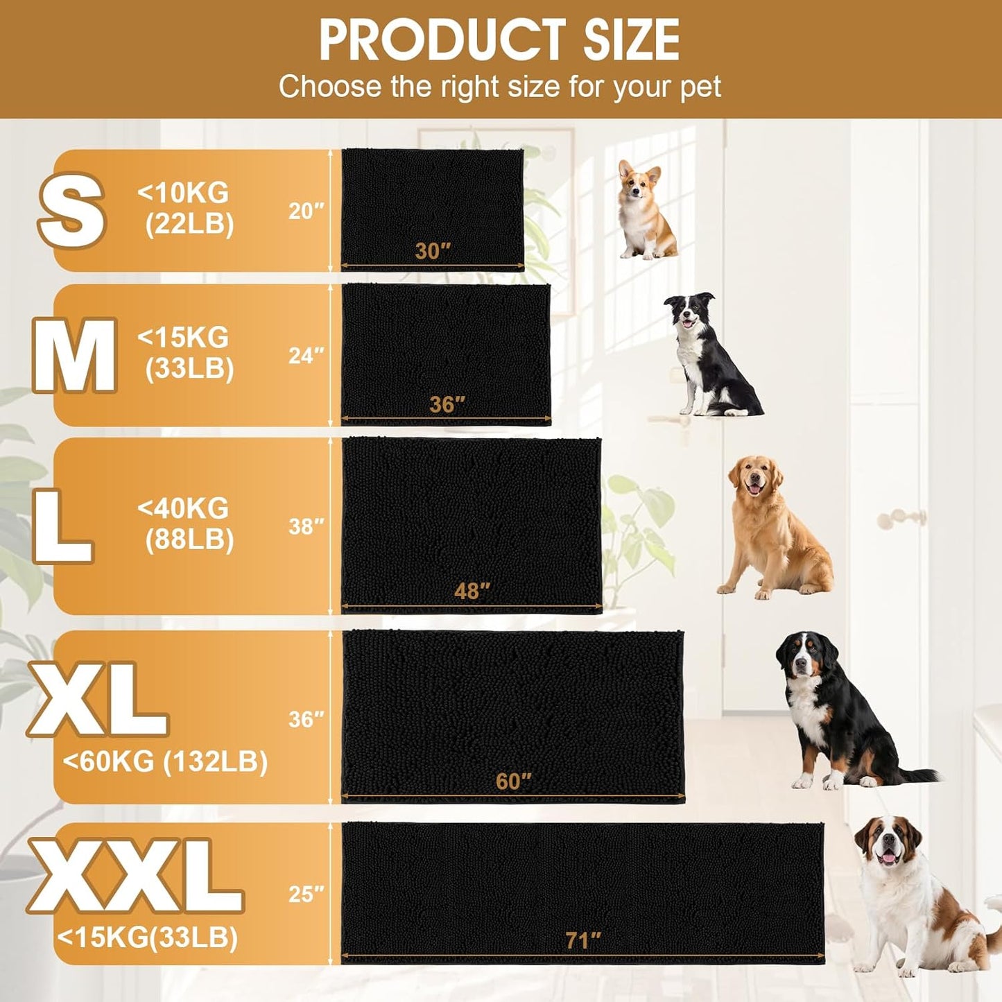 Dog Door Mats for Muddy Paws, Chenille Absorbent Door Mats, Non Slip Heavy Mud Mat for Dogs, Soft Indoor Door Mat for Entryway, Mud Paws, Inside Floor,36" X 24", Black