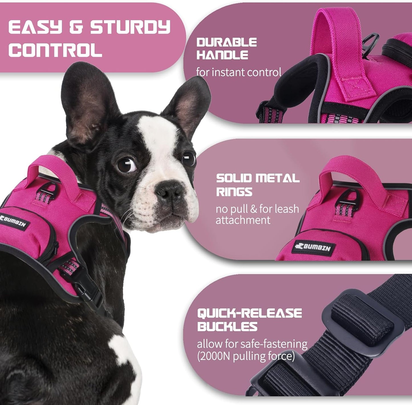 BUMBIN Dog Harness for Large Dogs, No Pull Adjustable No Choke Pet Vest with Dog Leash Fit Smart Reflective Pet Walking Harness for Training Easy Control Soft Handle Rose Red S
