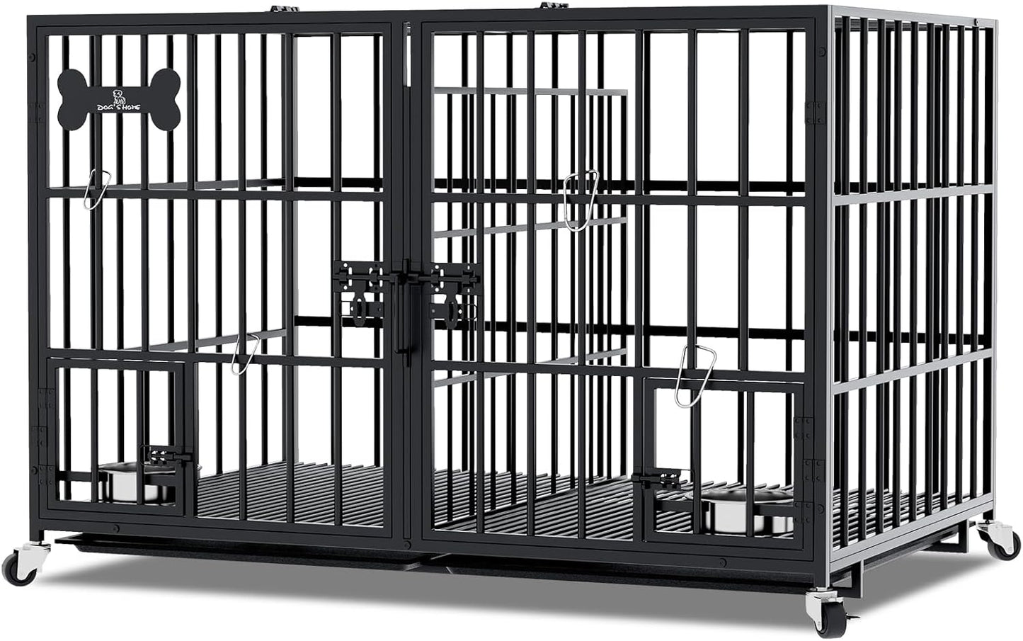 aboxoo 42/48 inch Heavy Duty Metal Dog Crate for 2 Dogs/Large Dog,All Metal Open Top Stackable,Dog Kennel Indoor with Wheels,Floor Grid, Tray, Divider and Feeding Bowl