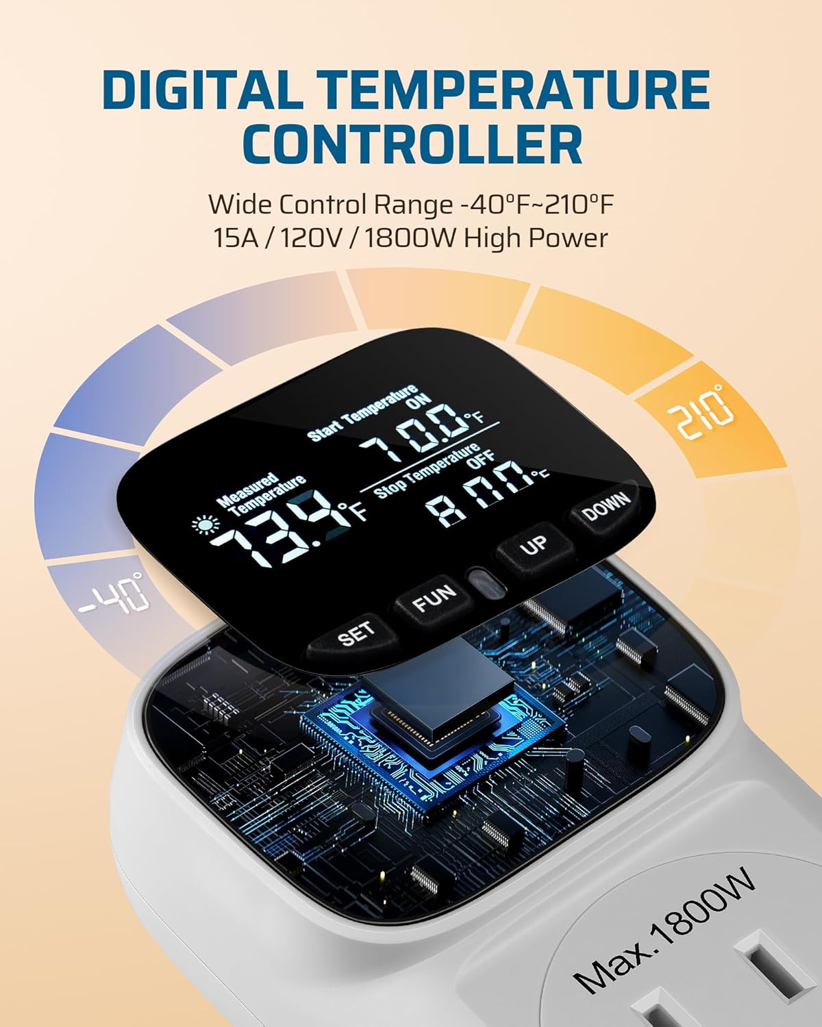 DEWENWILS Digital Temperature Controller, Heavy Duty 15A/1800W Thermostat Outlet Plug, VA Display Heating Cooling Control Timer, -40℉~210℉, Cyclic Timing/Countdown, for Greenhouse Incubator Homebrew