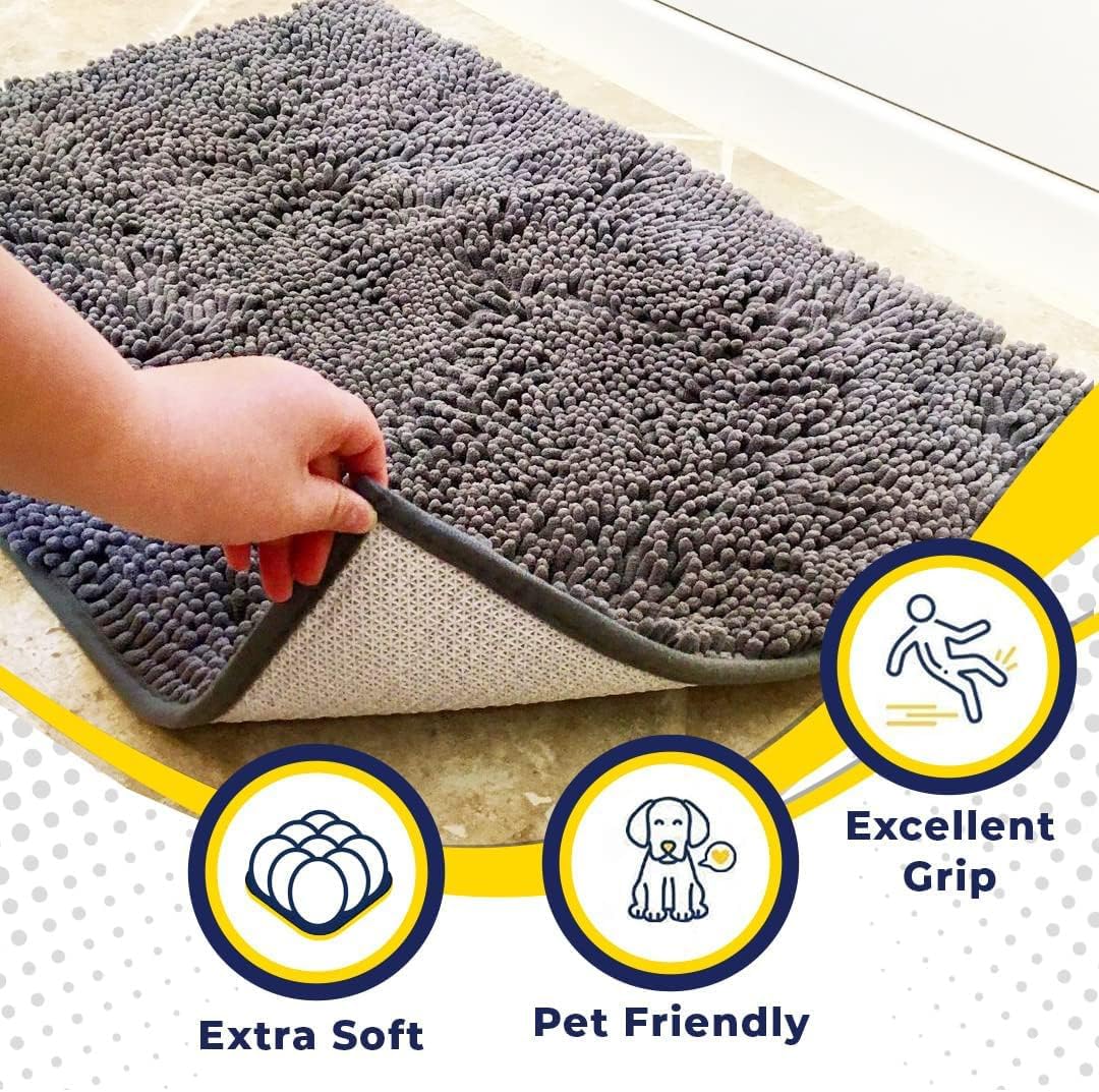 Muddy Mat® AS-SEEN-ON-TV Highly Absorbent Microfiber Door Mat and Pet Rug, Non Slip Thick Washable Area and Bath Mat Soft Chenille for Kitchen Bathroom Bedroom Indoor and Outdoor - Grey 5ft x 7ft