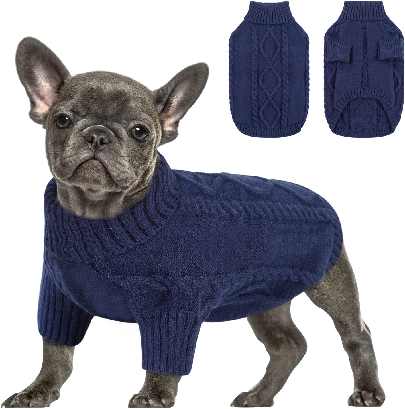 Queenmore Small Dog Pullover Sweater, Cold Weather Cable Knitwear, Classic Turtleneck Thick Warm Clothes for Chihuahua, Bulldog, Dachshund, Pug (Dark Navy, Large)