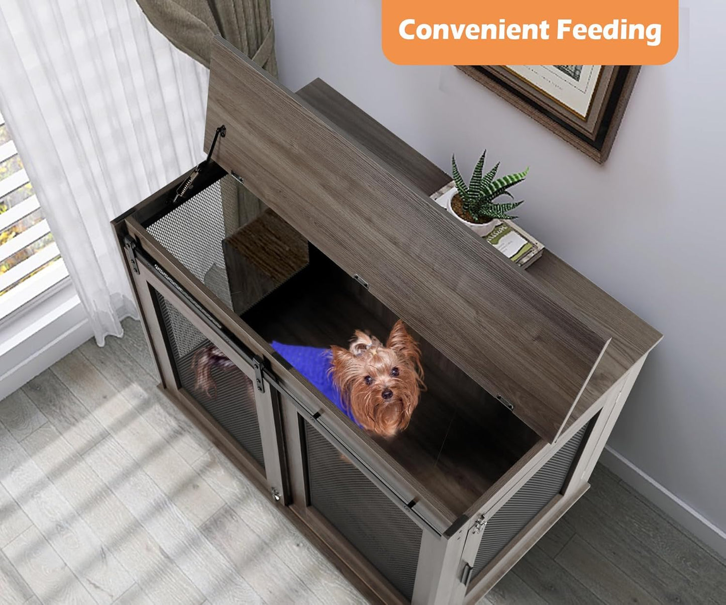LINLUX 40 Inch Dog Crate Furniture, Wooden Heavy Duty Dog Kennel Indoor, Decorative Dog Cage Table for Large Medium Dogs, with Sliding Doors, Wheels and Flip-top Plate