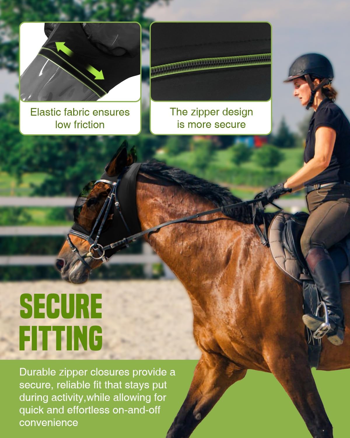 JWODVNTH Fly Masks for Horses with Ears - Large Eye Space, Comfort, UV-Block - Horse Fly Mask for Daily Stable, Hot Weather Riding, and Competition - Full, Black
