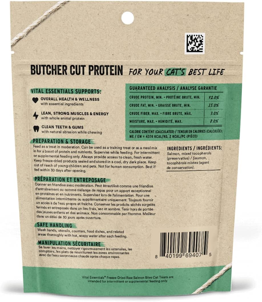 Vital Essentials Salmon Bites Cat Treats, 1.1 oz | Freeze-Dried Raw | Single Protein | Grain Free, Gluten Free, Filler Free