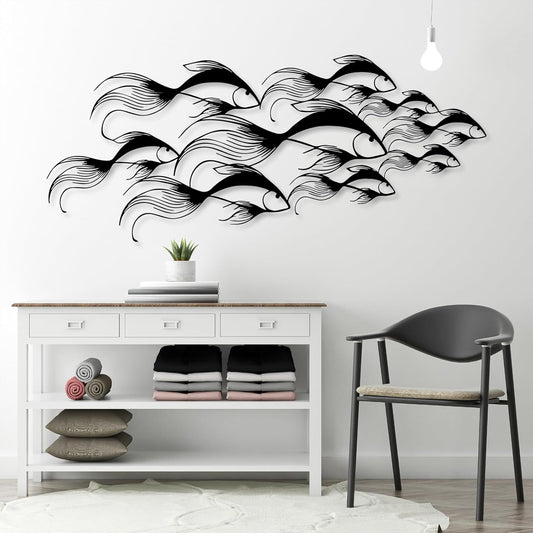 School of Fish Metal Wall Art, Metal Fish Wall Decor, Sea Life Wall Art, Large Nautical Wall Hanging, Modern Beach House Wall Decor, Ocean Themed Artwork for Bathroom (Black, 53"x22" | 135x57cm)