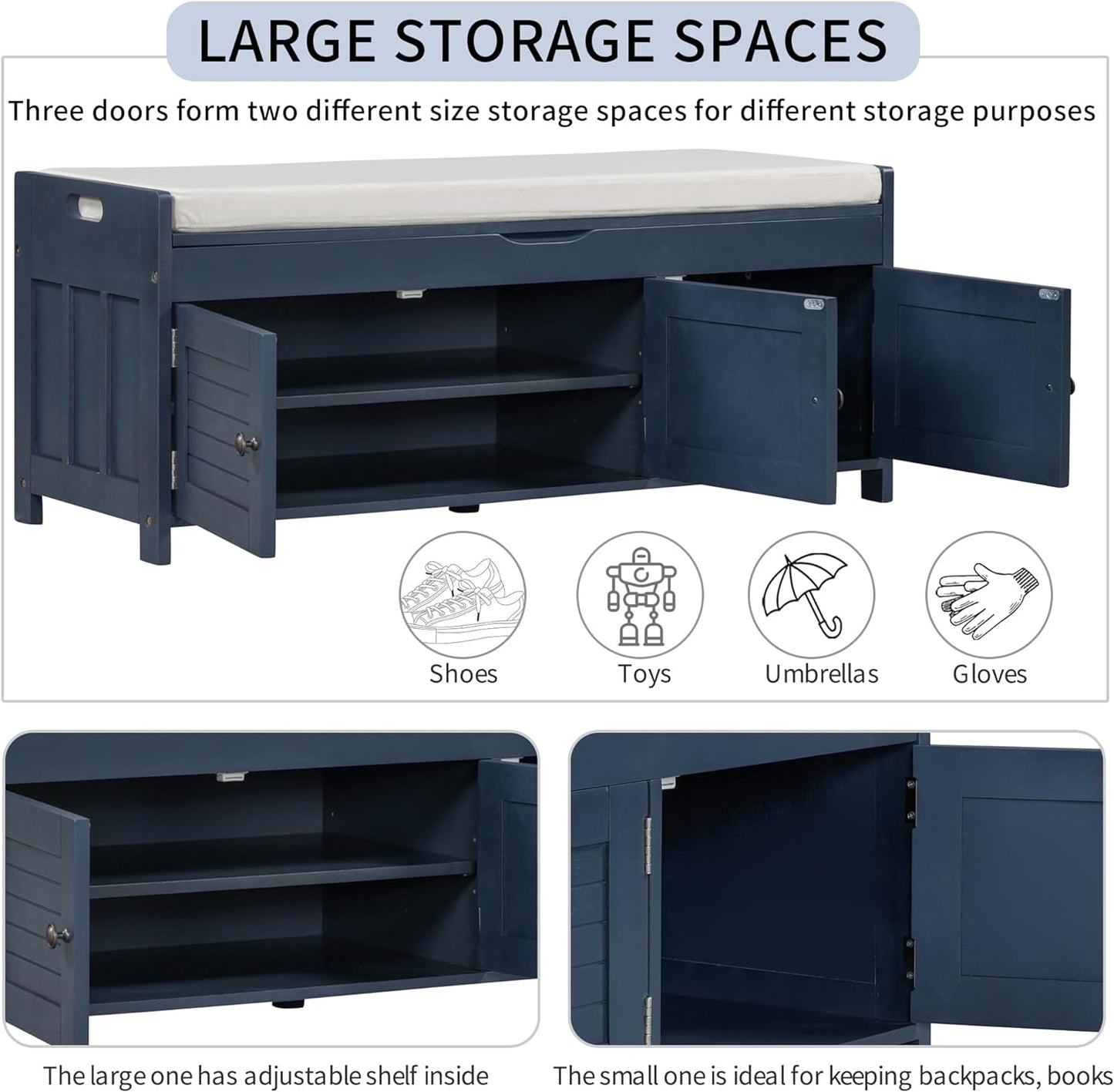 Storage Bench with 3 Shutter-Shaped Doors, Pine Wood Shoe Bench with Removable Cushion and Hidden Storage Space for Entryway Living Room 43.5" L * 16" W * 18" H, Antique Navy