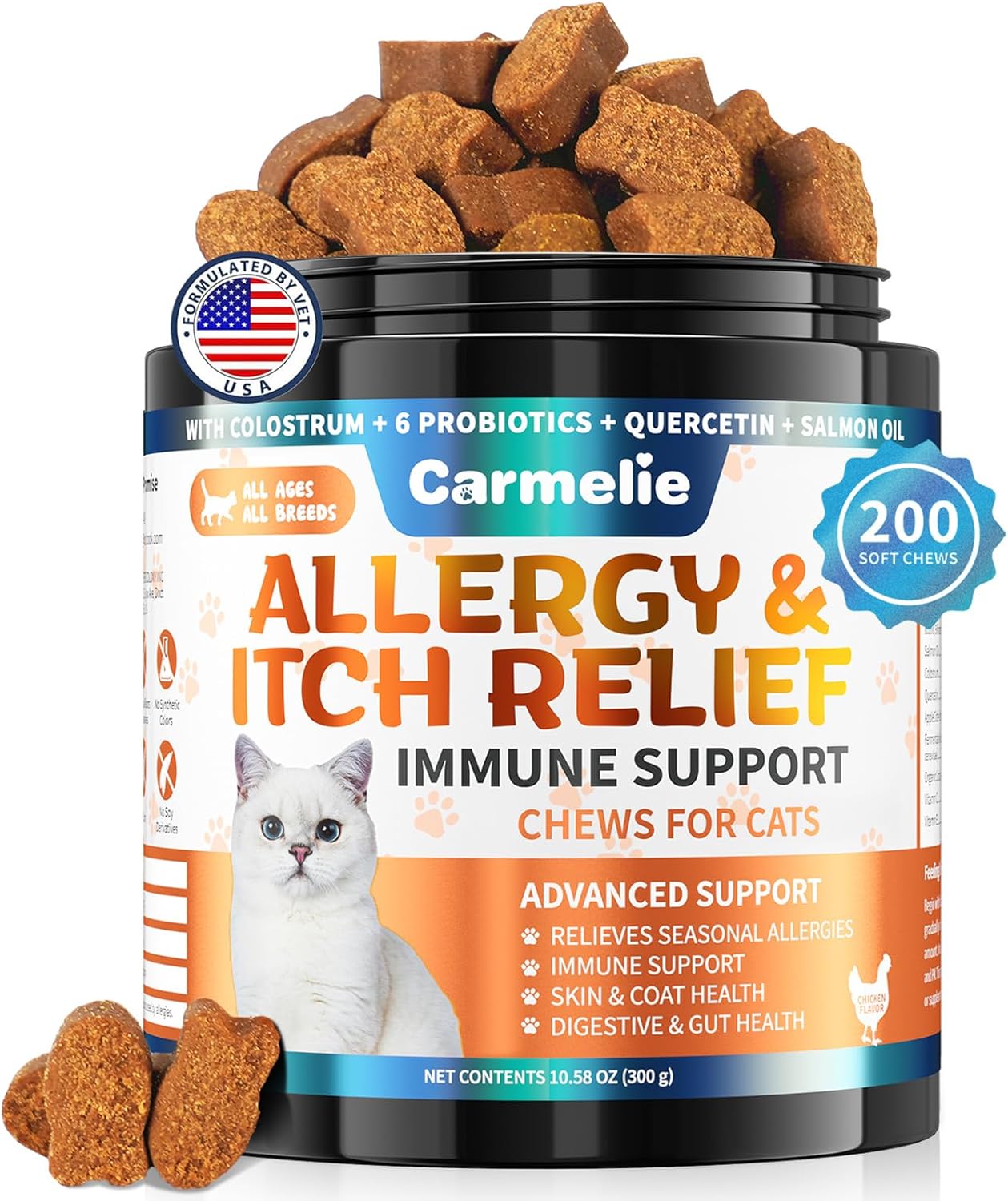 Cat Allergy Relief Chews 200 pcs - Cat Itchy Skin & Paw Licking Relief - Omega 3 & Probiotic for Cats - Anti-Itch Relief for Skin & Coat Health, Immune Support, Seasonal Allergies - Chicken Flavor