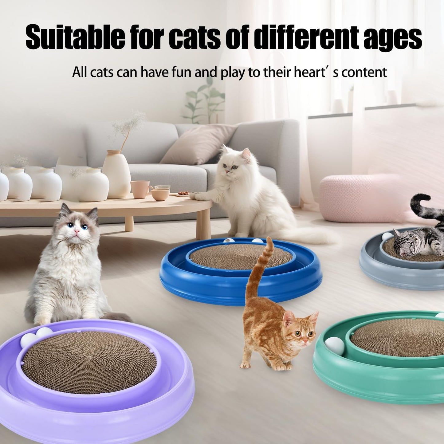 Interactive Cat Scratcher with Two Rotating Balls,Durable Scratch Pad for Indoor Play,Cardboard Cat Scratcher Pad with Cat Toy Ball Track and Catnip,2-in-1 Cat Toy (Green)