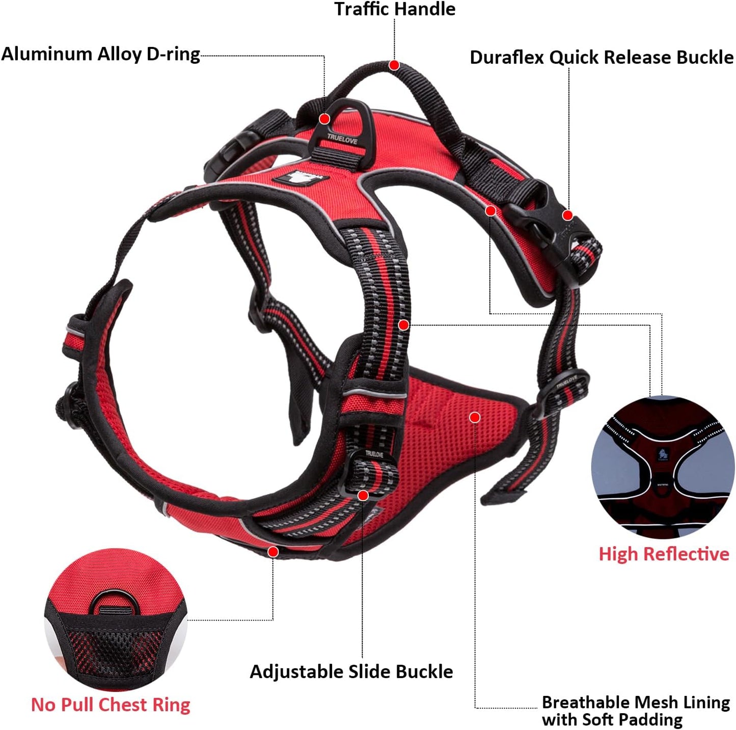 TRUE LOVE Adjustable No-Pull Dog Harness Reflective Pup Vest Harnesses Comfortable Control Brilliant Colors Truelove TLH5651(Gray,XL)