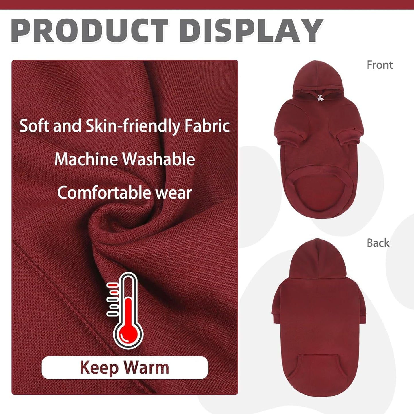 KOOLTAIL Basic Dog Hoodie - Soft and Warm Dog Hoodie Sweater with Leash Hole and Pocket, Pet Winter Coat, Cold Weather Clothes Sweatshirt for Small Medium Large Dogs Puppy Cat Boys Girls,Deep Red S