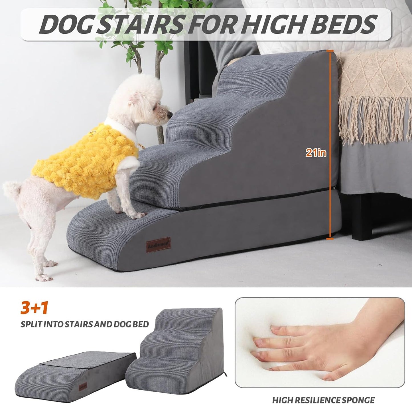 4-Step Dog Stairs and Ramp for Beds or Couches – Non-Slip Sturdy Pet Steps for Small Dogs and Cats,21" H,Grey