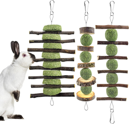 ERKOON Bunny Chew Toys, Rabbit Chew Toys for Teeth Grinding, Improve Dental Health, 100% Natural Apple Wood Timothy Grass Cake Treats for Rabbits Guinea Pigs Chinchillas Bunnies Hamsters (3 Pcs)