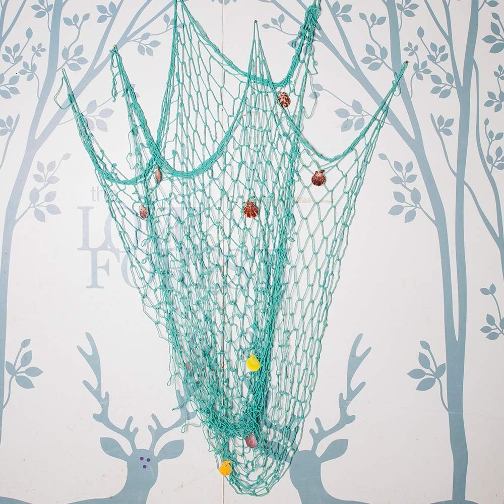 Rosoz Nature Fish Net Wall Decoration with Shells, Ocean Themed Wall Hangings Fishing Net Party Decor for Pirate Party,Wedding,Photographing Decoration (Aqua)