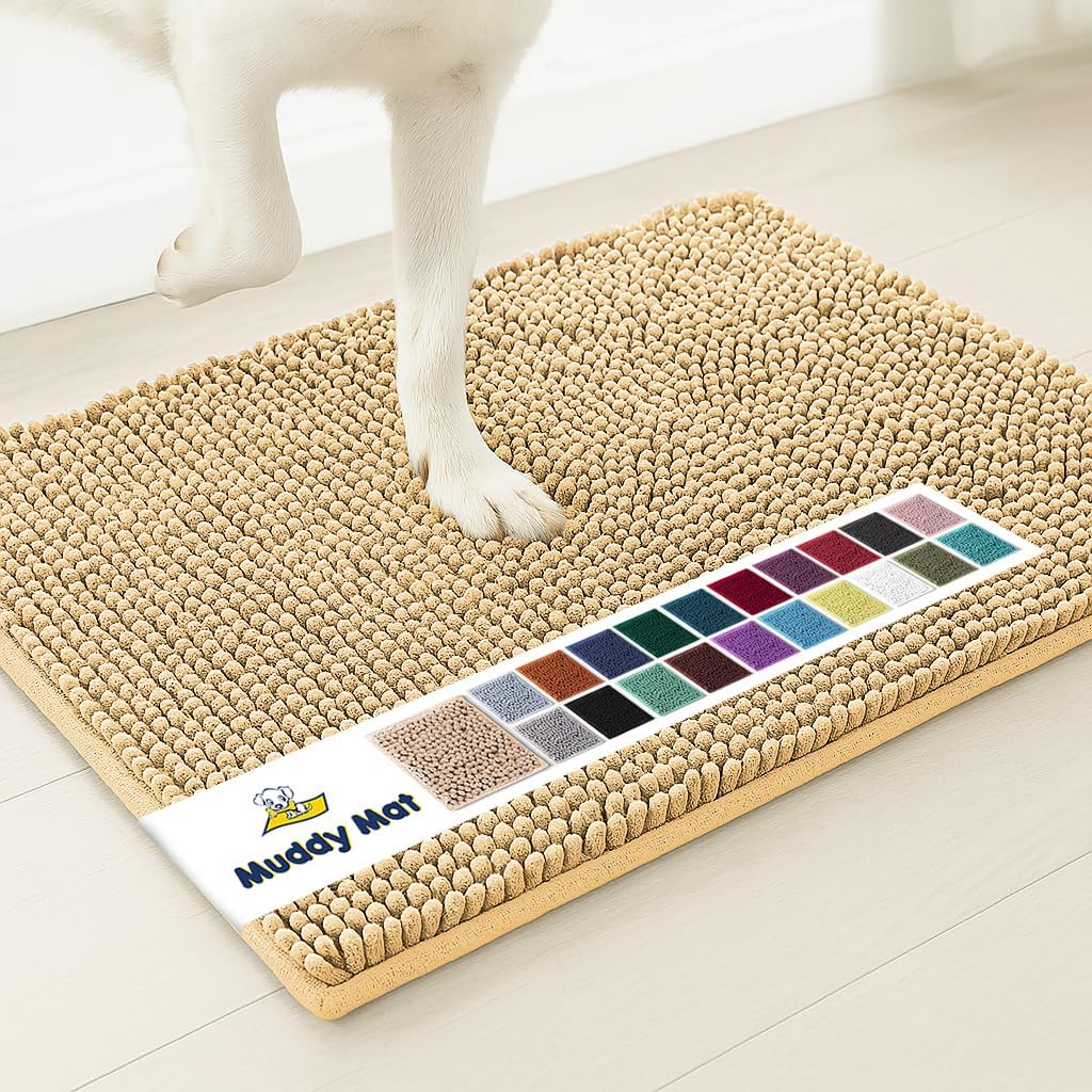 Muddy Mat® Shown on TV – Super Absorbent Microfiber Dog Door Mat for Muddy Paws, Non-Slip Washable Pet Rug, Quick Dry Chenille Entryway Carpet, Machine Washable Indoor Outdoor mat, Beige 28"x18"