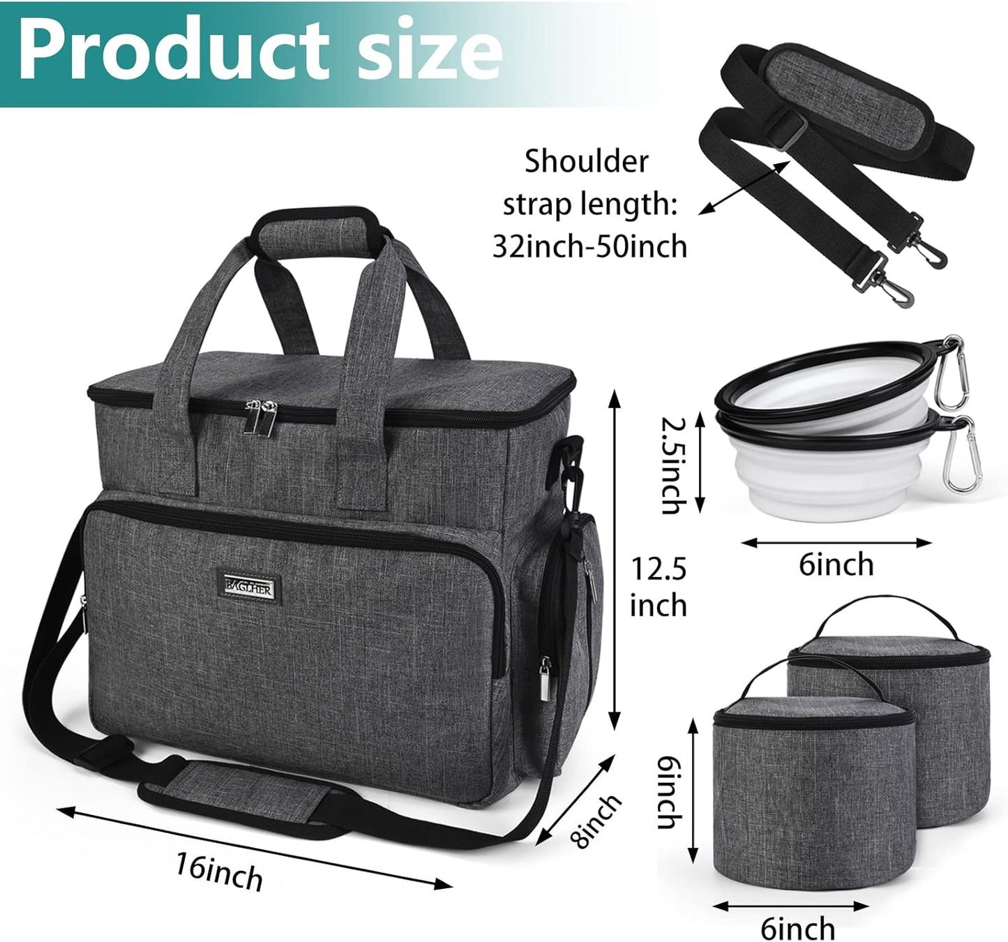 BAGLHER Dog Travel Bag, Airline Approved Pet Tote Organizer with Multi-Function Pockets, 2 X Food Storage Containers and 2 X Collapsible Dog Bowls, Perfect Weekend Pet Travel Set for Dog, Cat Grey