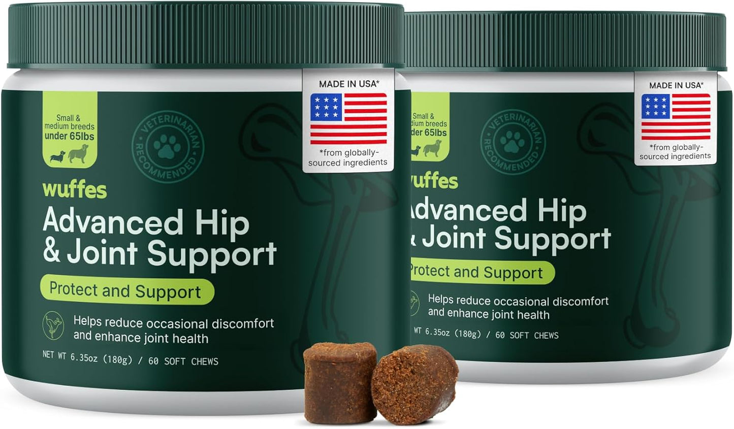 Wuffes Advanced Dog Hip and Joint Supplement with Glucosamine, Chondroitin, Omega 3, MSM, and Green Lipped Mussel, 120 Pork Flavored Chews for Small Dog Breeds