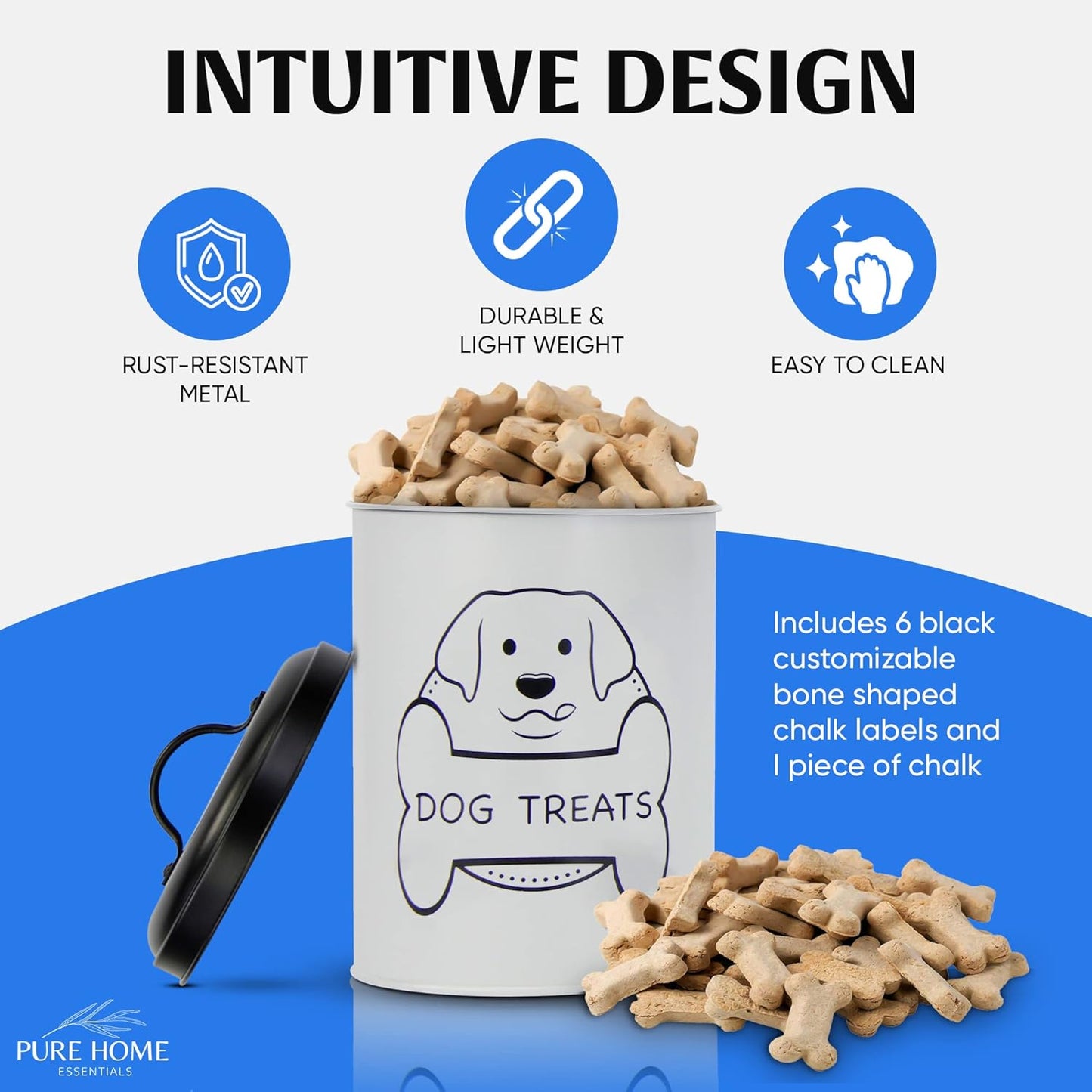 PURE HOME ESSENTIALS Metal Dog Treat Containers with Lids (Set of 3) – Customizable Chalk Labels & Chalk Included – Dog Food Storage/Dog Treat Jars for Kitchen Counter