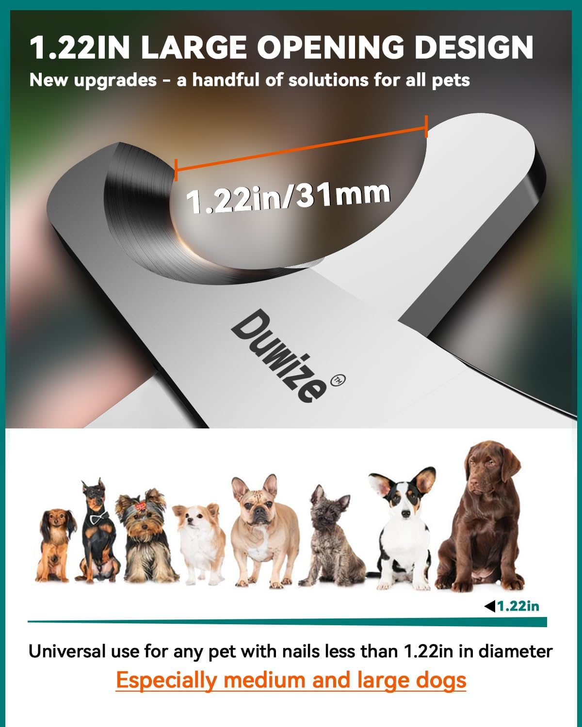 Dog Nail Clippers - All Steel Material, 1.22-Inch Large Opening, Built-in Spring, No Fur Pinch, for Medium to Large Dogs and Cats, Professional Pet Nail Trimmers, With Free Nail File (Polished)