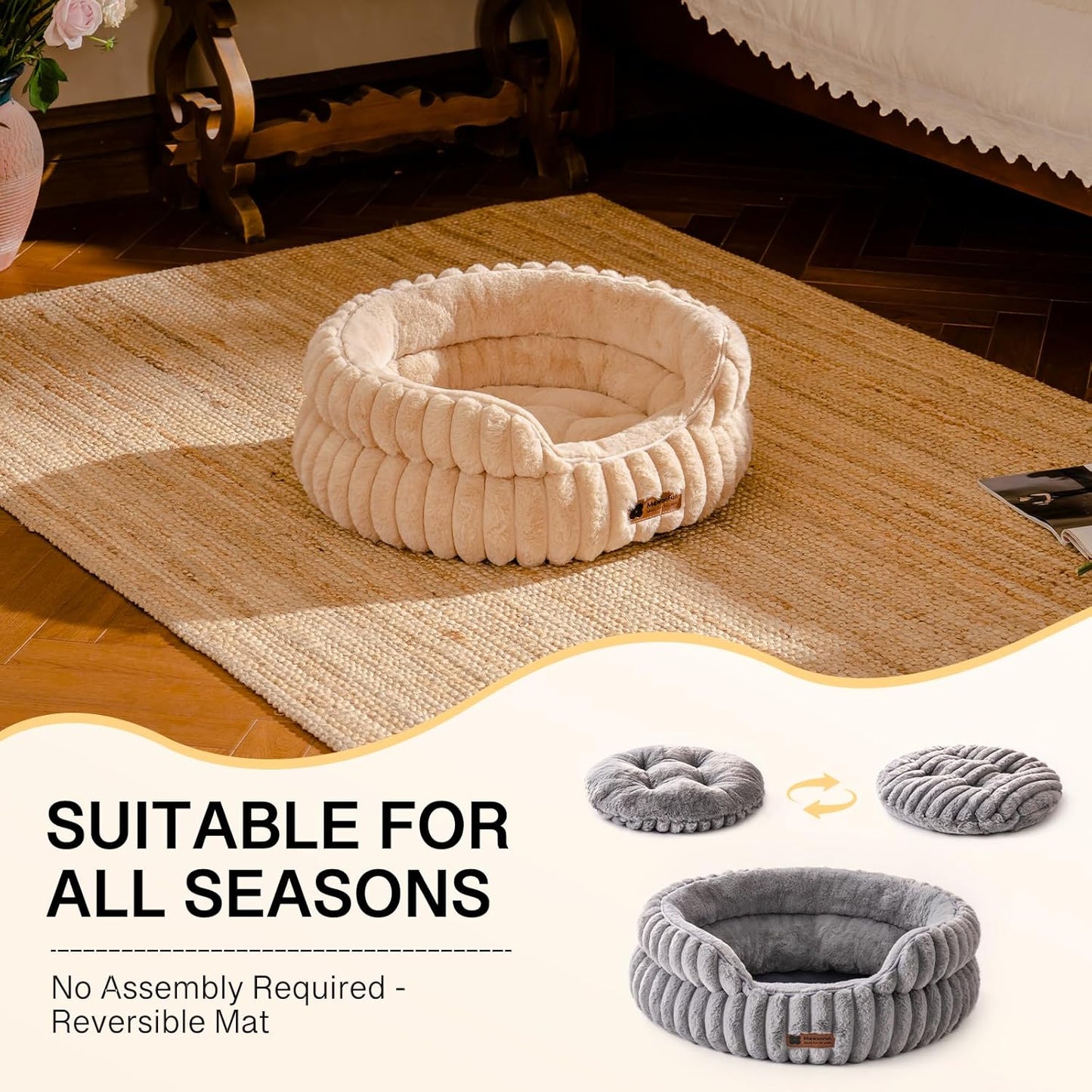 MEWOOFUN Washable Small Dog Bed, Cat Beds for Indoor Cats with Anti-Slip Bottom, Round Pet Bed for Puppy and Kitten (Camel, 24"x24"x9")