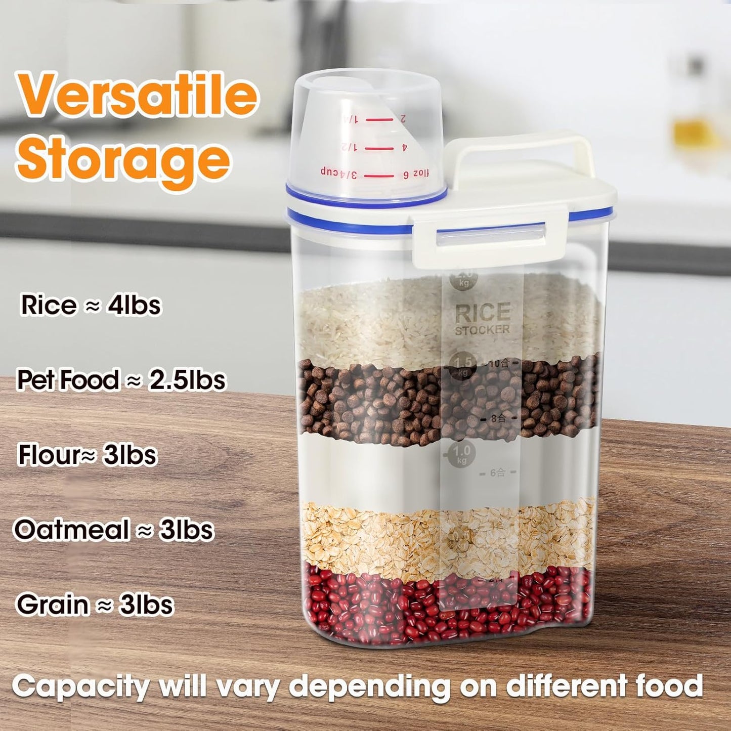 TBMax Rice Container 4 Lbs / 2 Kg Rice Dispenser with Measuring Cup, BPA-Free Plastic Kitchen Pantry Food Storage Holder for Oatmeal Flour Grain, Small Pet Cat Dog Food Container