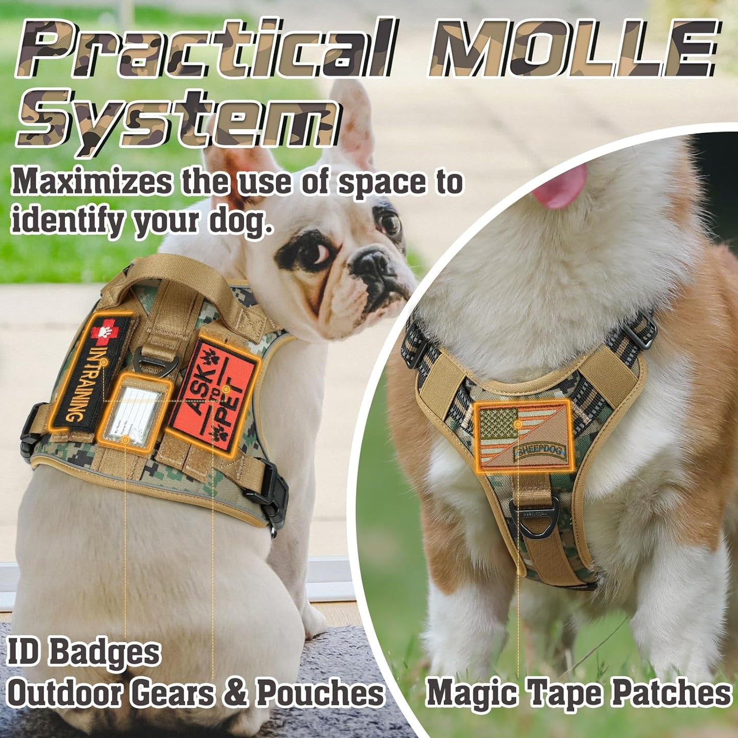 rabbitgoo Tactical Dog Harness Medium Sized Dog, No Pull Military Service Vest with Handle & Molle, Easy Control for Training Walking, Adjustable Reflective Straps, Brown camo, M
