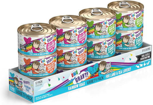 Weruva B.F.F. OMG - Best Feline Friend Oh My Gravy!, Variety Pack, Rainbow Road, Wet Cat Food by, 2.8oz Can (Pack of 12)