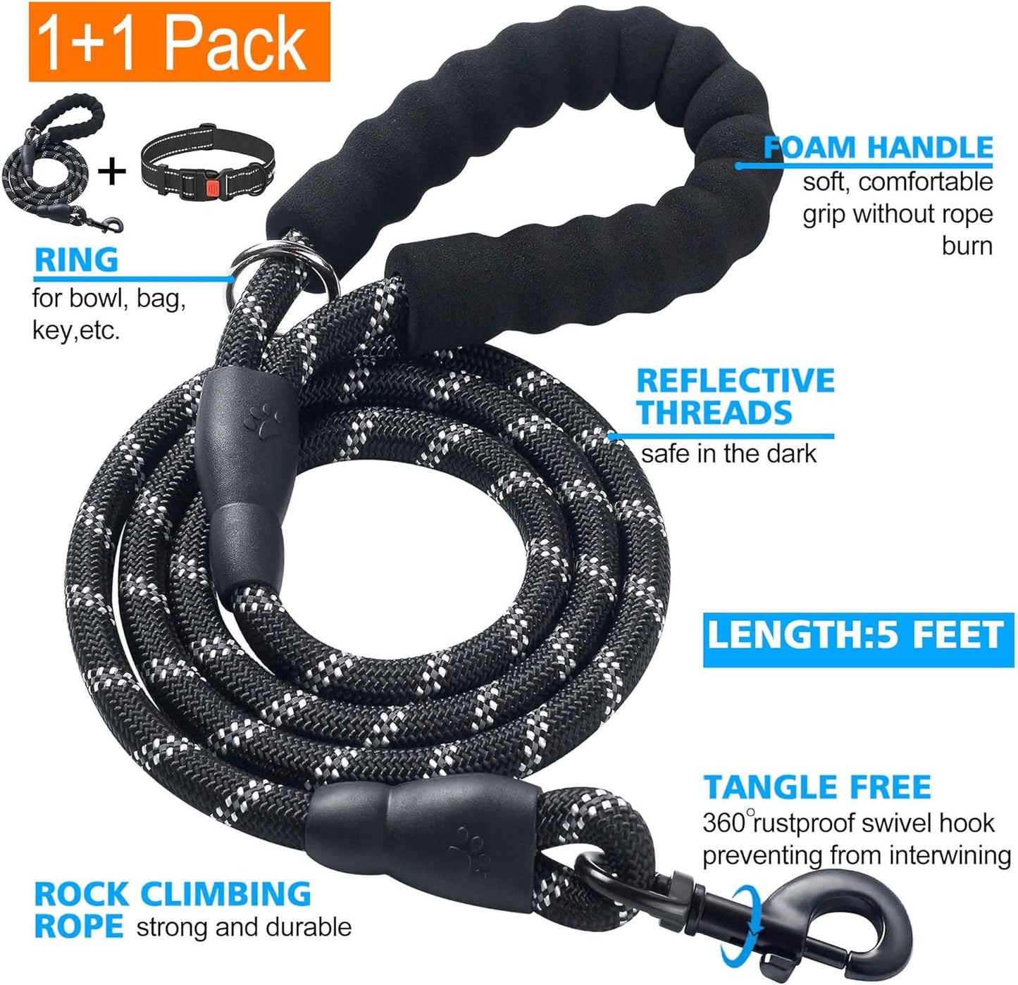 Heavy Duty Dog Leash - Comfortable Padded Handle, 5 ft Long - Dog Leashes for Small Medium Large Dogs (Leash+Collar XS Neck 10.5"-13.5", Black)