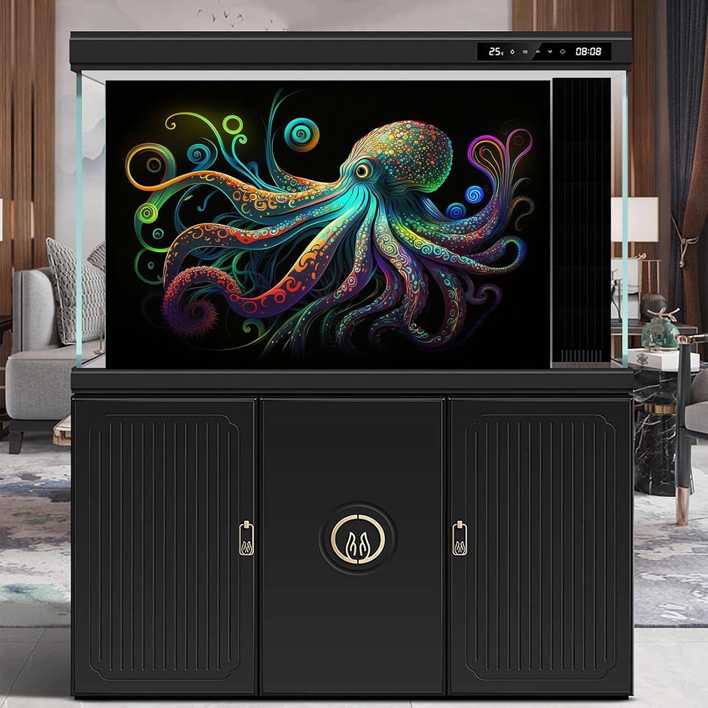 Octopus Aquarium Background Exquisite Colorful Octopus Terrarium Background Glowing Octopus on Black Background Fish Tank Backdrop Octopus Backdrops Poster Wallpaper Decorations Vinyl 48x20in
