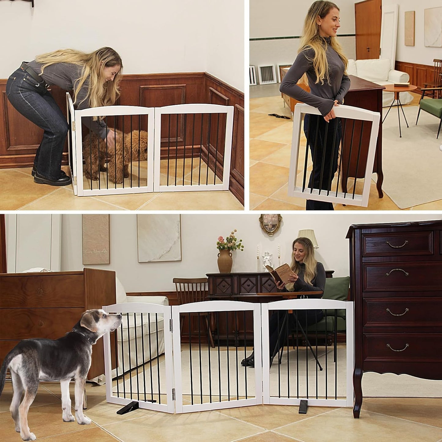 ZJSF Freestanding Panel Dog Gate for Indoor, Doorways,Stairs, or Hallways,Foldable Wooden White Dog Gates for House,Pet Gate for Dogs,Dog Fence, Puppy Gate,Support Feet Included,32 "Height-3 Panels