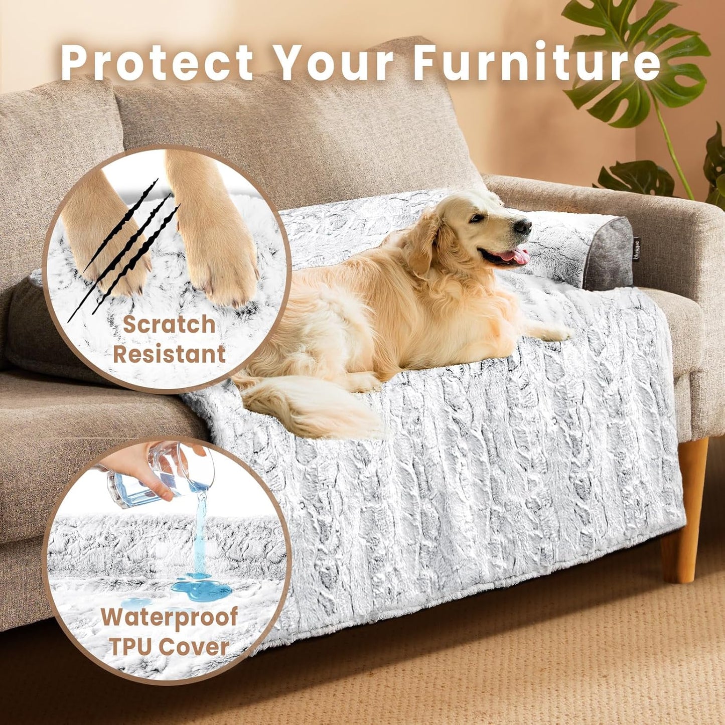 Calming Dog Bed for Couch, 35 x 31 inch Removable Couch Cover for Dogs/Cats Washable, Non-Slip Fluffy Plush Dog Sofa Mat for Furniture Protector - Grey