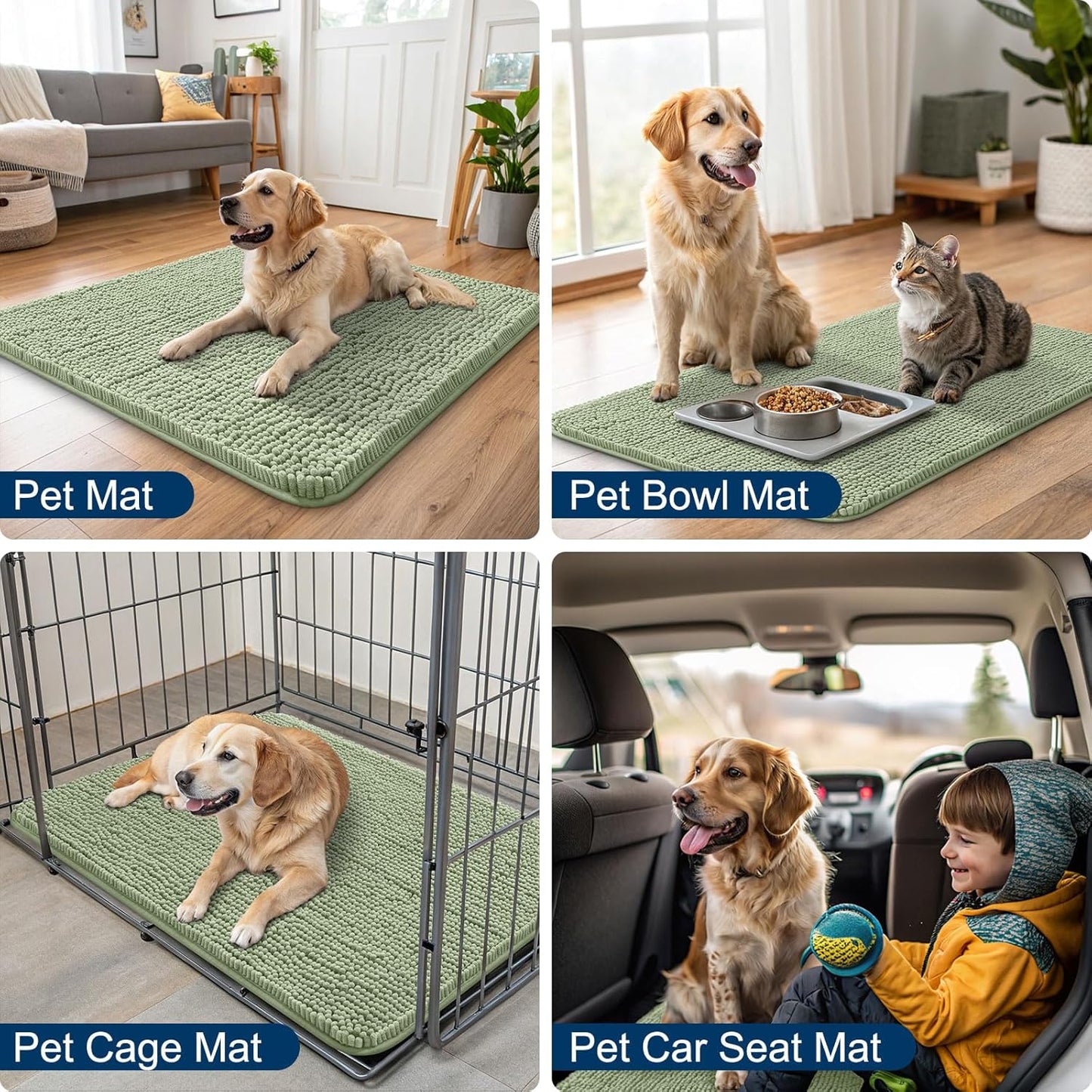 Smiry Dog Door Mat for Muddy Paws 48x30, Absorbs Moisture and Dirt Doormat, Non-Slip Washable Quick Dry Chenille Front Door Mat Indoor Entrance, Entryway Carpet for Inside Floor, Sage Green